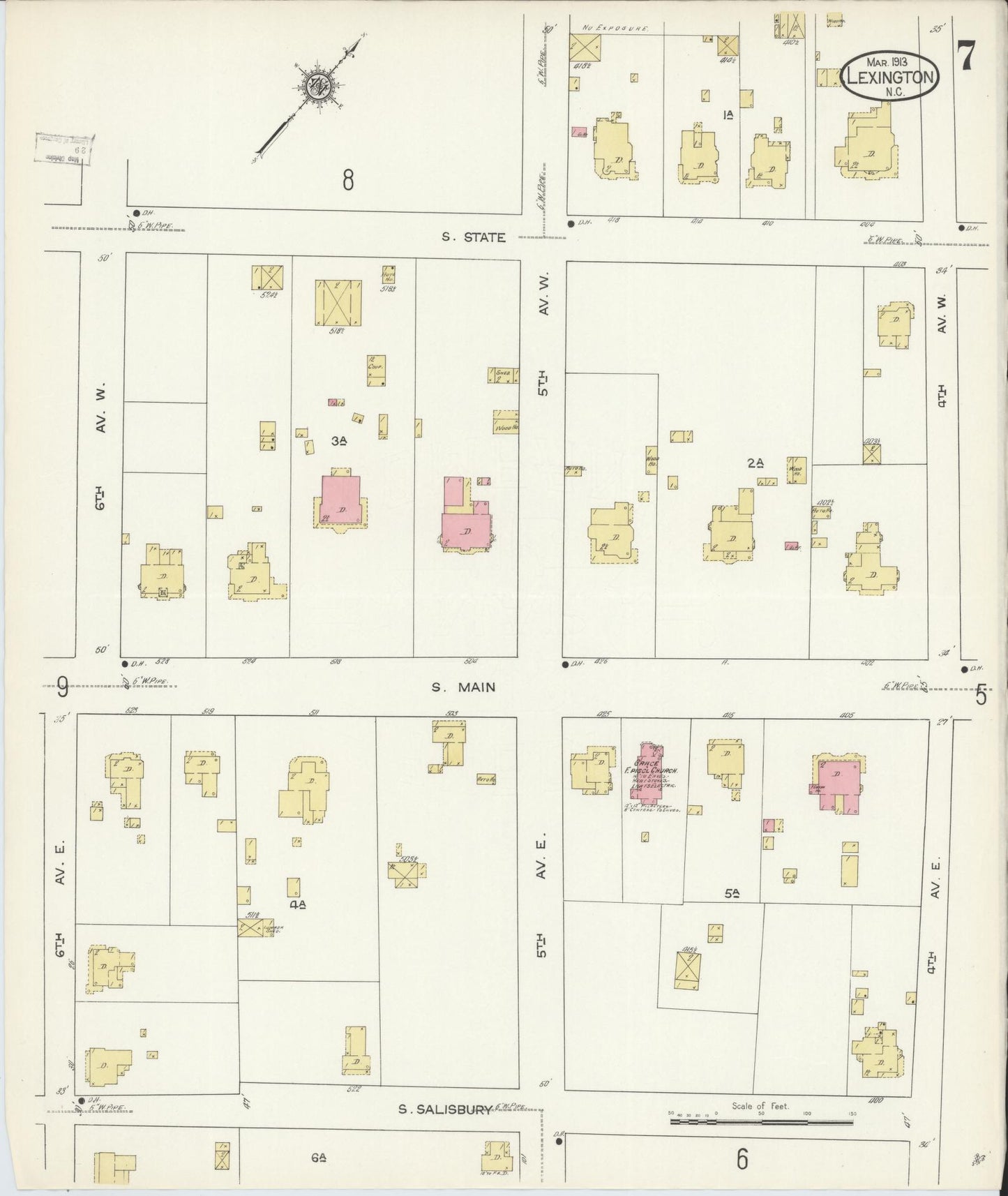 Sanborn Fire Insurance Map from Lexington, Davidson County, North Carolina (1913), Sheet #0007 - Historic Sanborn Fire Insurance Map Print, vintage old map wall art, antique decor, genealogy gift, North Carolina North Carolina map