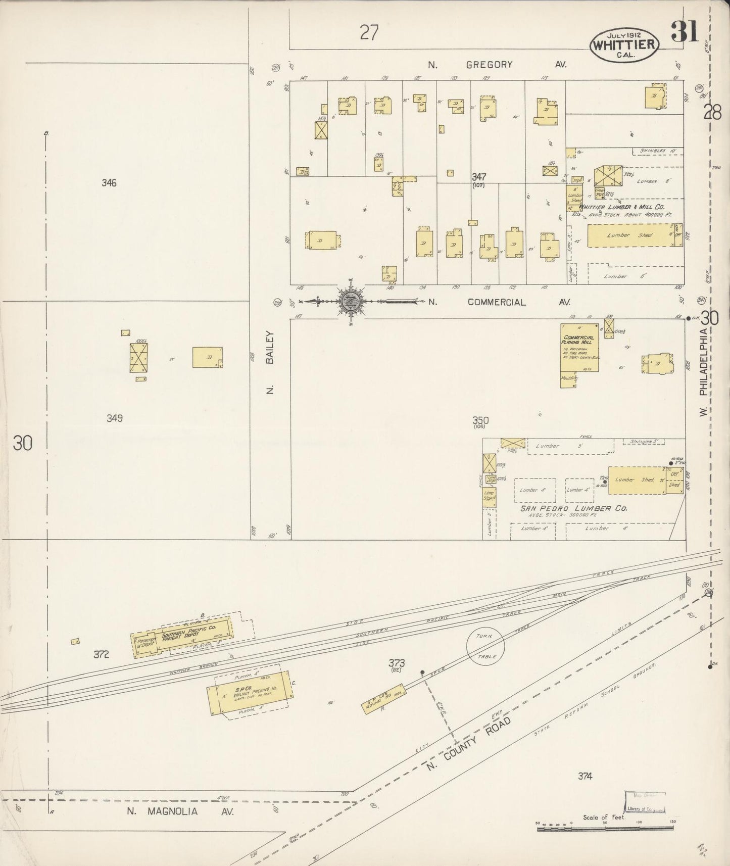 Sanborn Fire Insurance Map from Whittier, Los Angeles County, California (1912), Sheet #0031 - Complete Map Set gallery image, historic Sanborn map, vintage wall art, California California