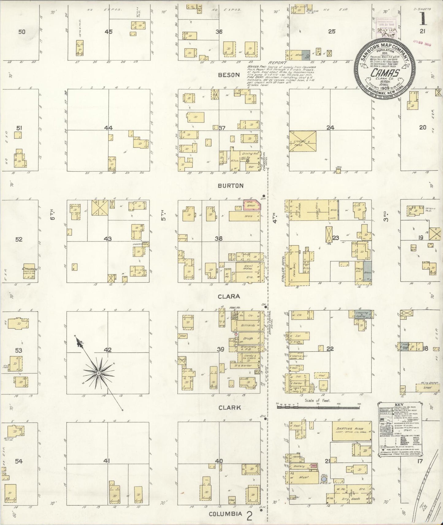 Sanborn Fire Insurance Map from Camas, Clark County, Washington (1909), Sheet #0001 - Historic Sanborn Fire Insurance Map Print, vintage old map wall art, antique decor, genealogy gift, Washington Washington map