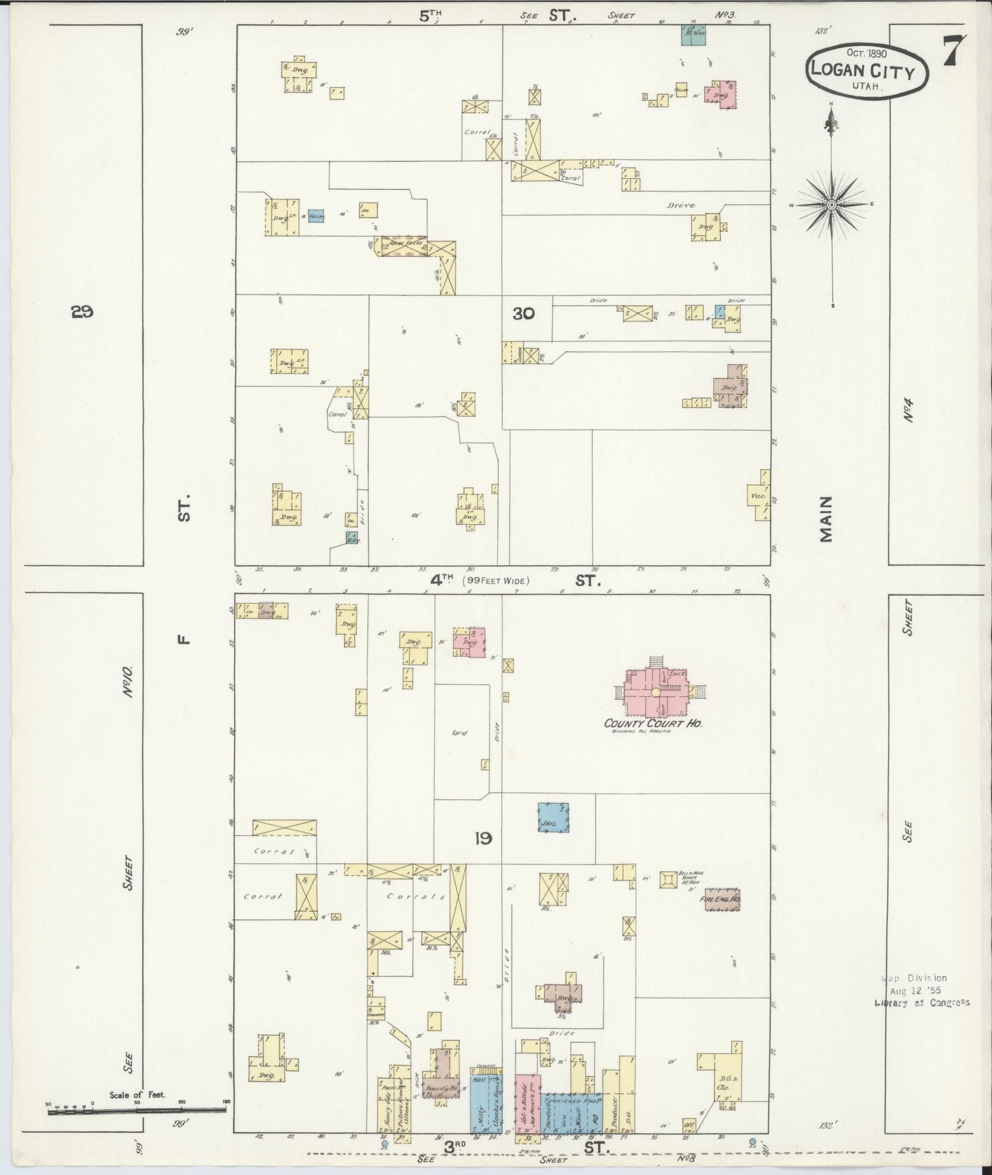 Sanborn Fire Insurance Map from Logan, Cache County, Utah (1890), Sheet #0007 - Historic Sanborn Fire Insurance Map Print, vintage old map wall art, antique decor, genealogy gift, Utah Utah map