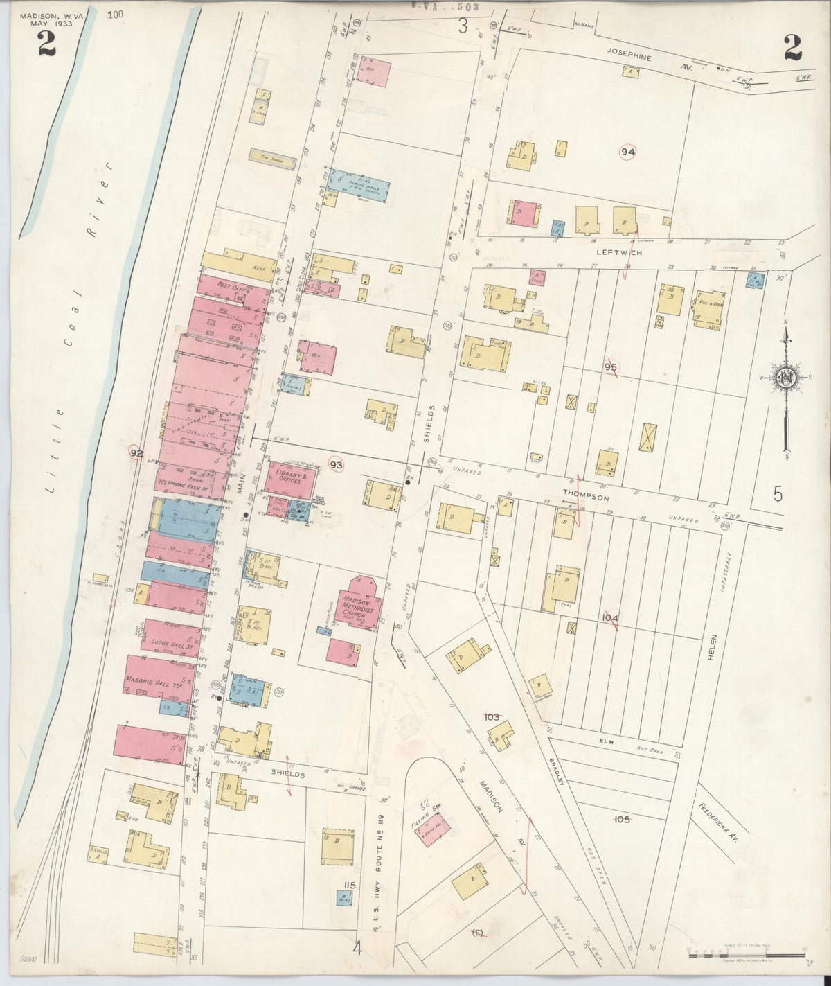 Sanborn Fire Insurance Map from Madison, Boone County, West Virginia (1943), Sheet #0002 - Historic Sanborn Fire Insurance Map Print, vintage old map wall art, antique decor, genealogy gift, West Virginia West Virginia map