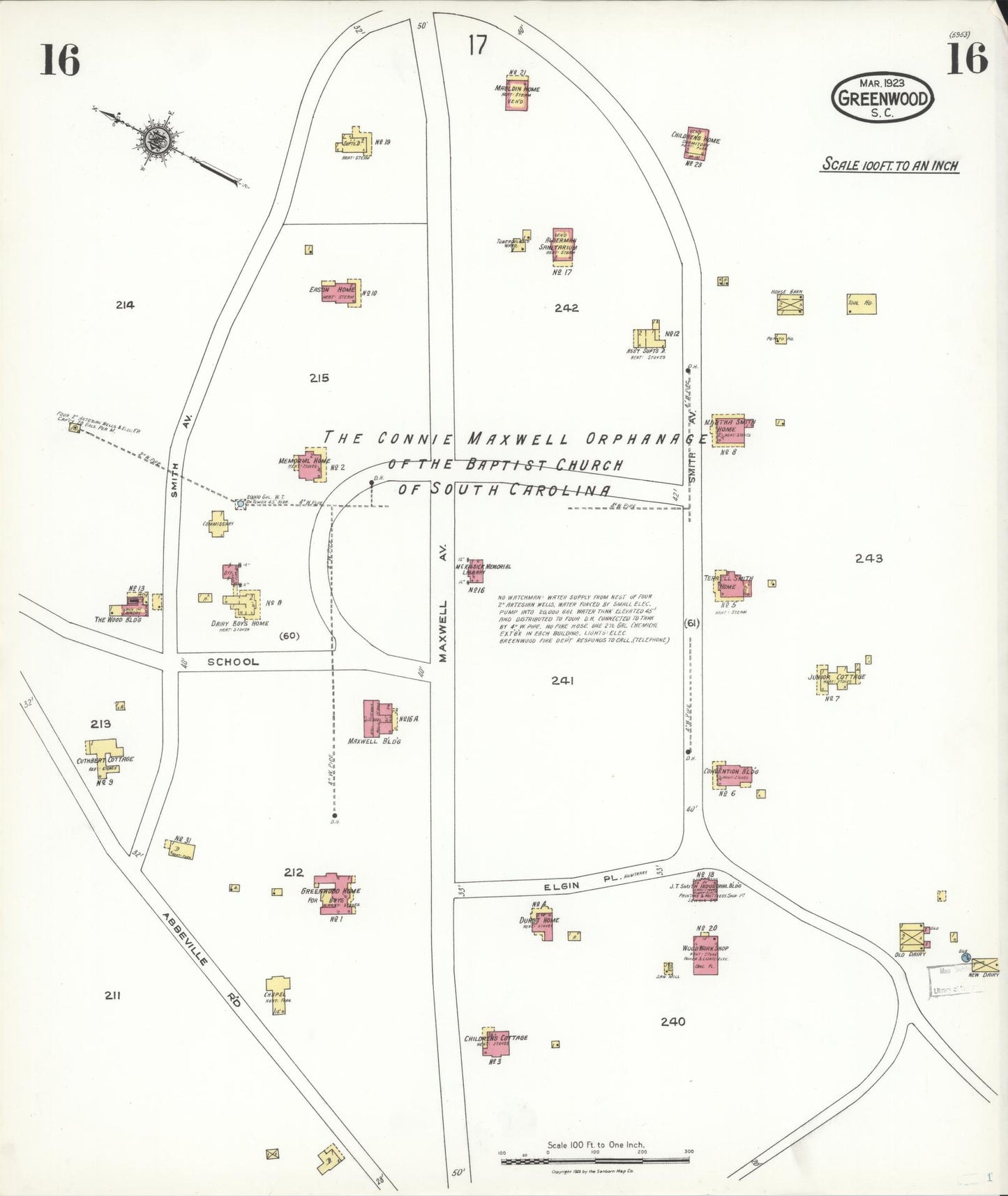 Sanborn Fire Insurance Map from Greenwood, Greenwood County, South Carolina (1923), Sheet #0016 - Historic Sanborn Fire Insurance Map Print, vintage old map wall art, antique decor, genealogy gift, South Carolina South Carolina map