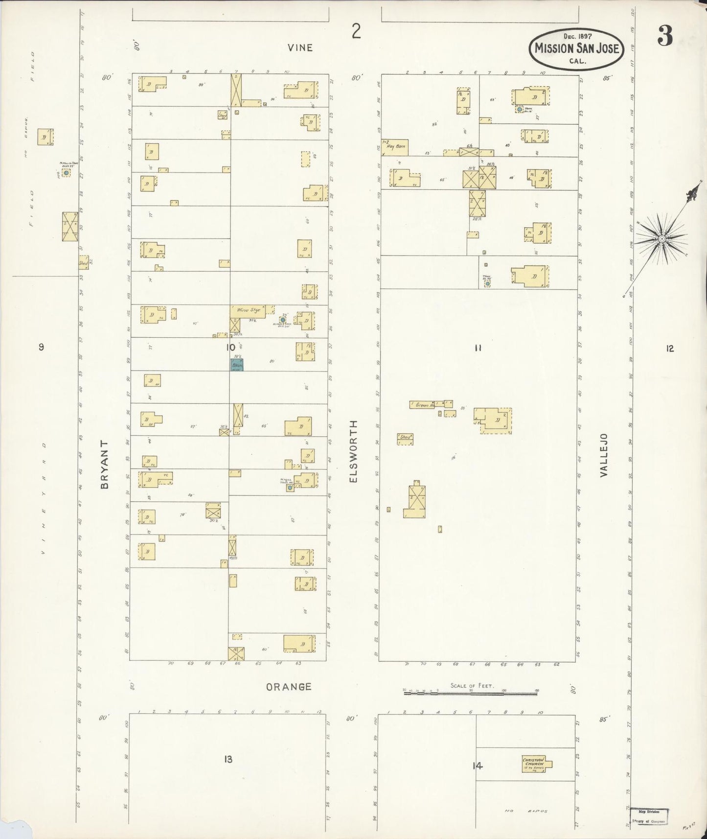 Sanborn Fire Insurance Map from Mission San Jose, Alameda County, California (1897), Sheet #0003 - Complete Map Set gallery image, historic Sanborn map, vintage wall art, California California