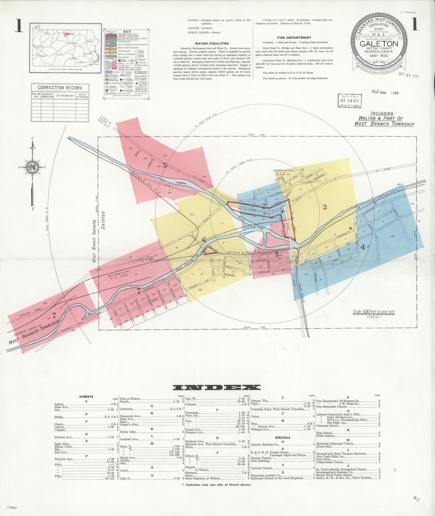 Sanborn Fire Insurance Map from Galeton, Potter County, Pennsylvania (1933), Sheet #0001 - Historic Sanborn Fire Insurance Map Print, vintage old map wall art, antique decor, genealogy gift, Pennsylvania Pennsylvania map