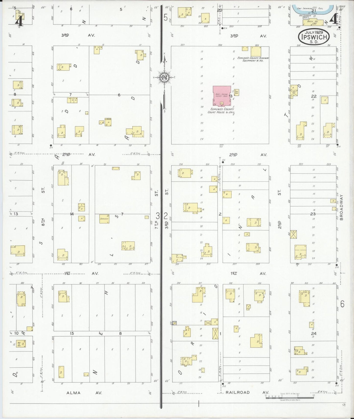 Sanborn Fire Insurance Map from Ipswich, Edmunds County, South Dakota (1929), Sheet #0004 - Historic Sanborn Fire Insurance Map Print, vintage old map wall art, antique decor, genealogy gift, South Dakota South Dakota map