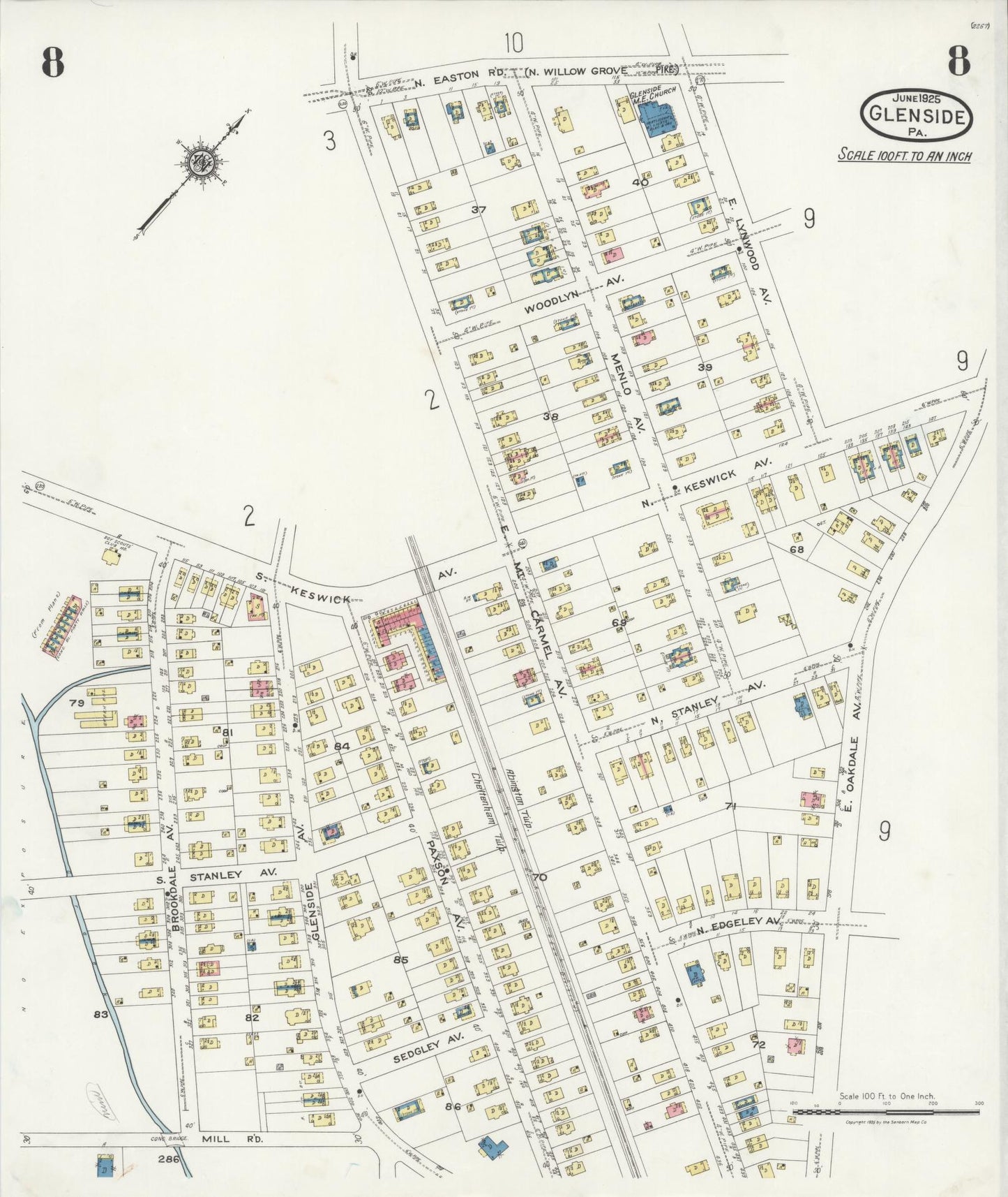 Sanborn Fire Insurance Map from Glenside, Montgomery County, Pennsylvania (1925), Sheet #0008 - Historic Sanborn Fire Insurance Map Print, vintage old map wall art, antique decor, genealogy gift, Pennsylvania Pennsylvania map