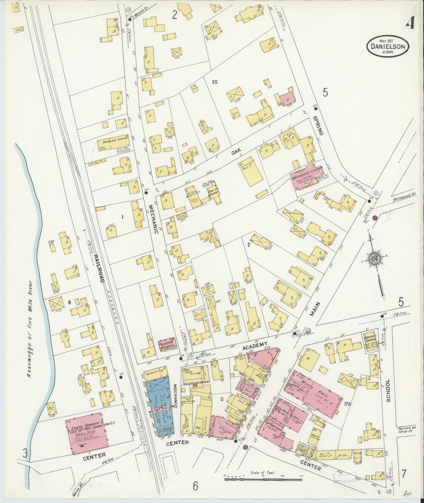Sanborn Fire Insurance Map from Danielson, Windham County, Connecticut (1911), Sheet #0004 - Historic Sanborn Fire Insurance Map Print, vintage old map wall art, antique decor, genealogy gift, Connecticut Connecticut map