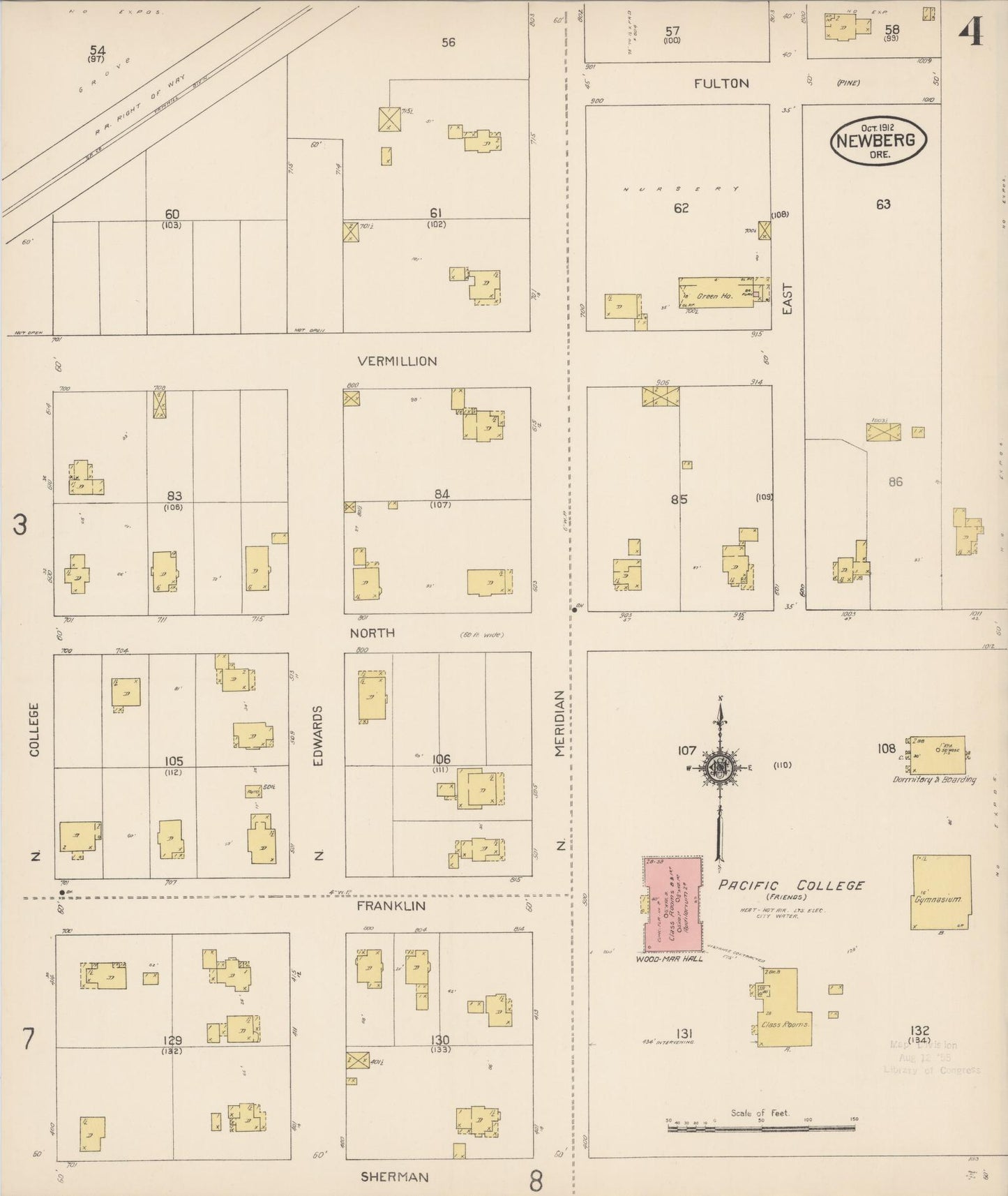 Sanborn Fire Insurance Map from Newberg, Yamhill County, Oregon (1912), Sheet #0004 - Historic Sanborn Fire Insurance Map Print, vintage old map wall art, antique decor, genealogy gift, Oregon Oregon map