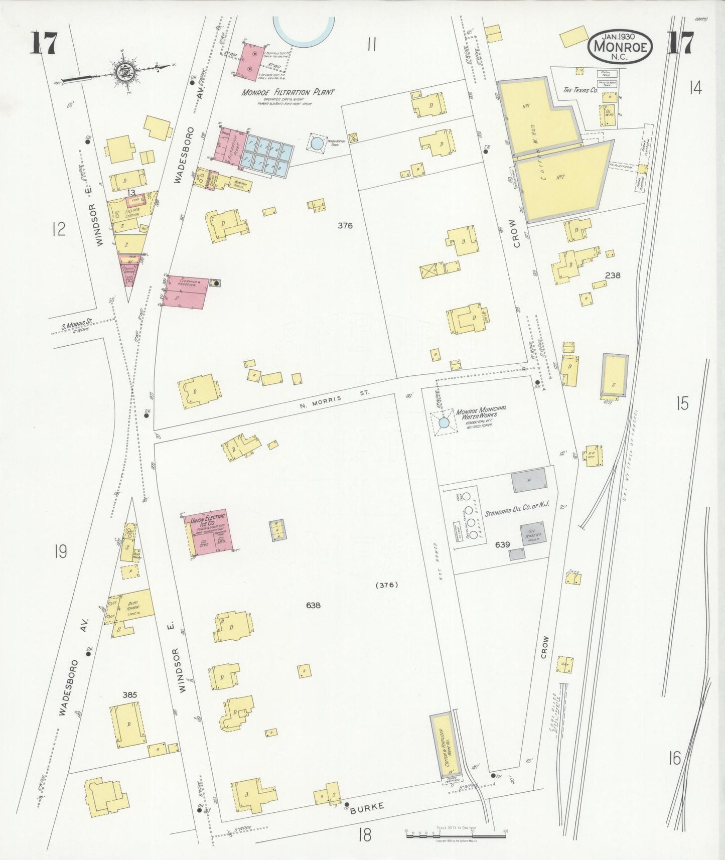 Sanborn Fire Insurance Map from Monroe, Union County, North Carolina (1930), Sheet #0017 - Historic Sanborn Fire Insurance Map Print, vintage old map wall art, antique decor, genealogy gift, North Carolina North Carolina map
