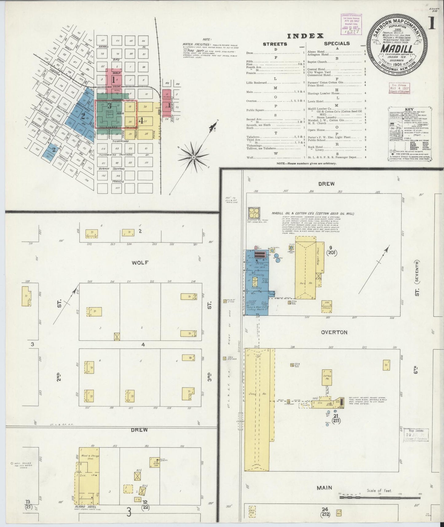 Sanborn Fire Insurance Map from Madill, Marshall County, Oklahoma (1906), Sheet #0001 - Historic Sanborn Fire Insurance Map Print, vintage old map wall art, antique decor, genealogy gift, Oklahoma Oklahoma map