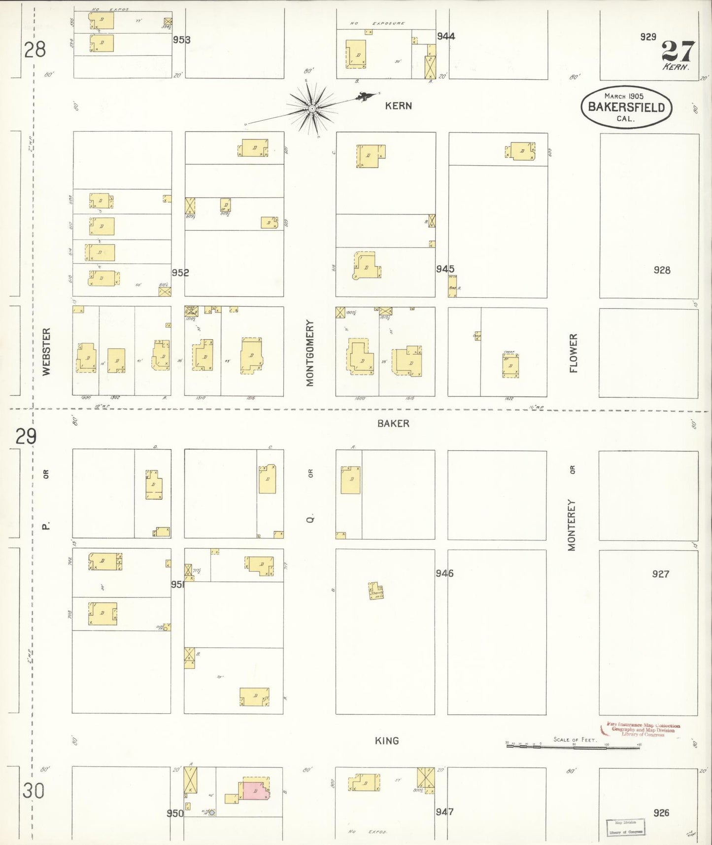 Sanborn Fire Insurance Map from Bakersfield, Kern County, California (1905), Sheet #0027 - Historic Sanborn Fire Insurance Map Print, vintage old map wall art, antique decor, genealogy gift, California California map