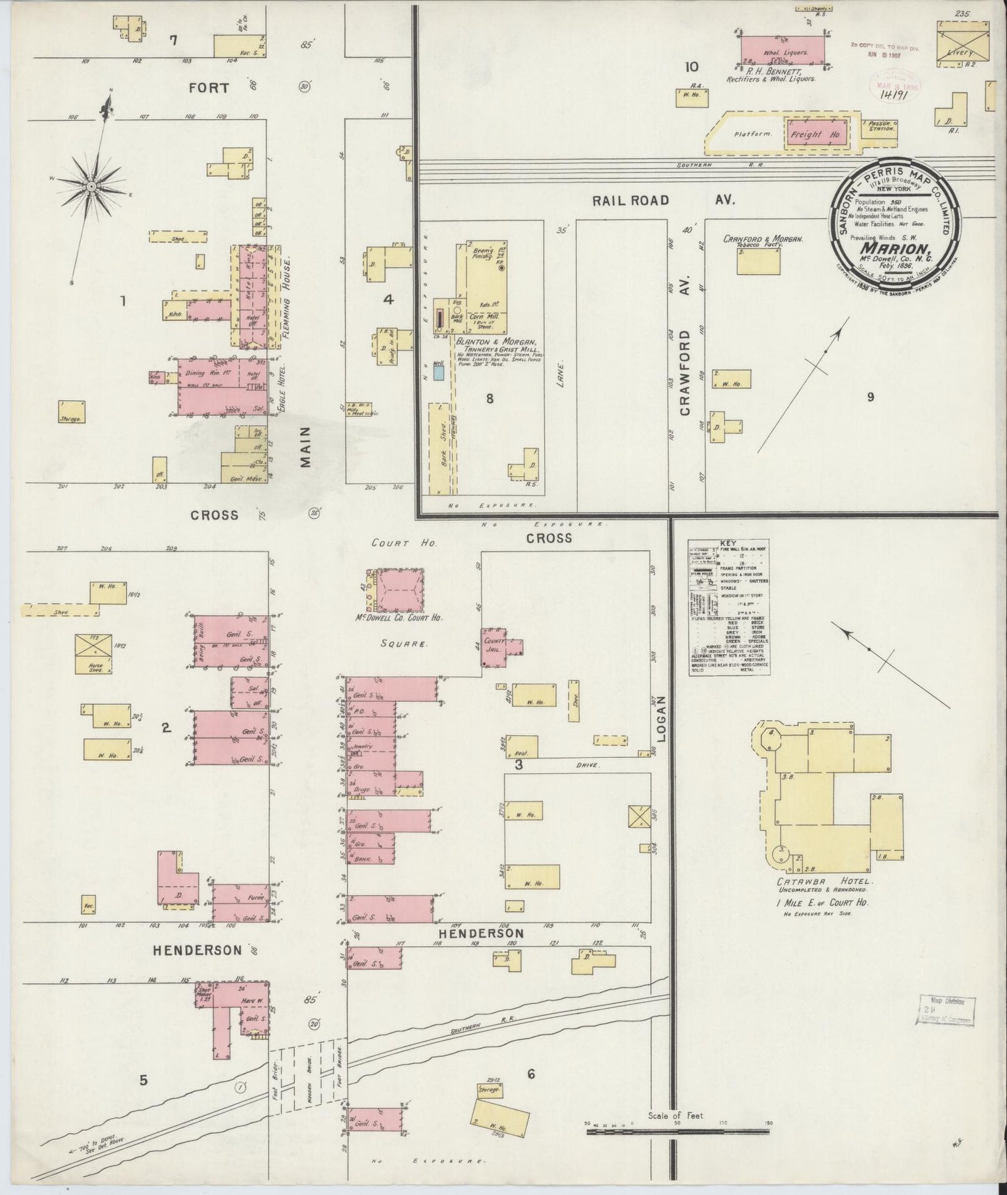 Sanborn Fire Insurance Map from Marion, Mcdowell County, North Carolina (1896), Sheet #0001 - Historic Sanborn Fire Insurance Map Print, vintage old map wall art, antique decor, genealogy gift, North Carolina North Carolina map