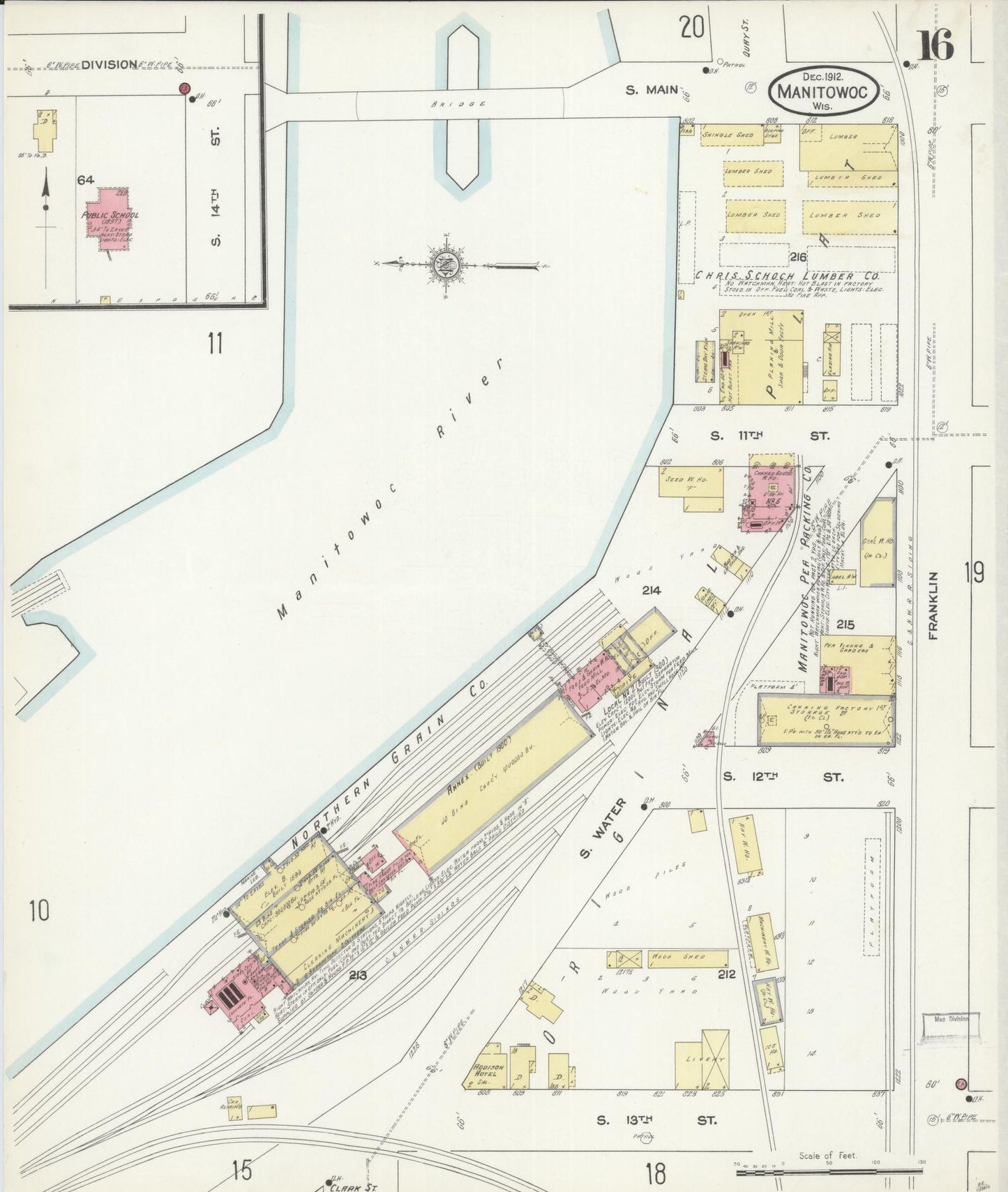 Sanborn Fire Insurance Map from Manitowoc, Manitowoc County, Wisconsin (1912), Sheet #0016 - Historic Sanborn Fire Insurance Map Print, vintage old map wall art, antique decor, genealogy gift, Wisconsin Wisconsin map