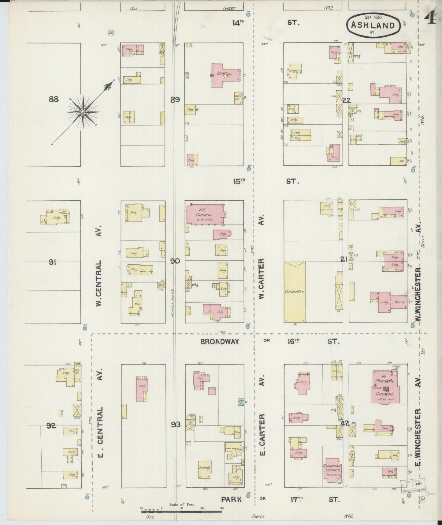 Sanborn Fire Insurance Map from Ashland, Boyd County, Kentucky (1890), Sheet #0004 - Historic Sanborn Fire Insurance Map Print, vintage old map wall art, antique decor, genealogy gift, Kentucky Kentucky map
