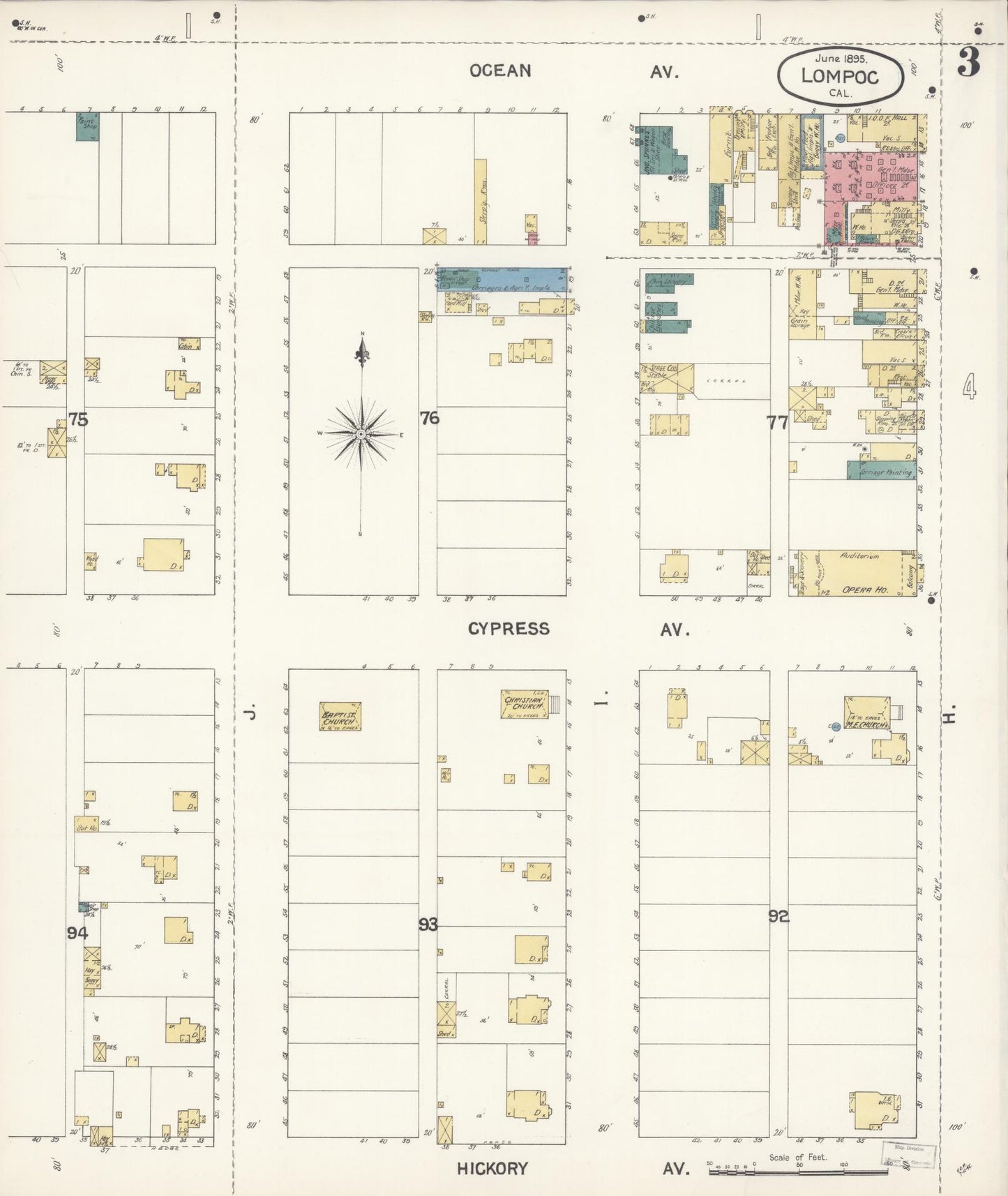 Sanborn Fire Insurance Map from Lompoc, Santa Barbara County, California (1895), Sheet #0003 - Historic Sanborn Fire Insurance Map Print, vintage old map wall art, antique decor, genealogy gift, California California map