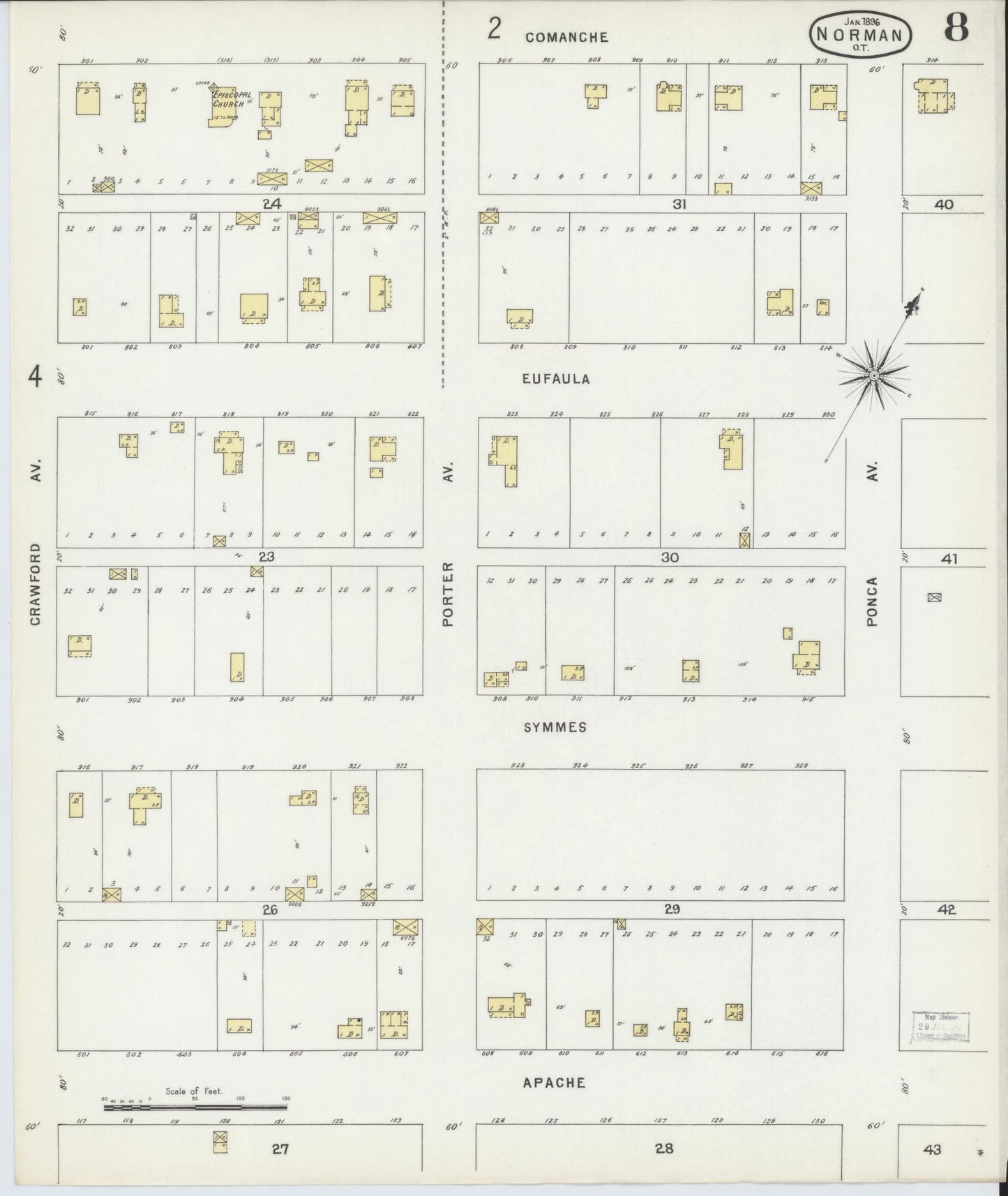 Sanborn Fire Insurance Map from Norman, Cleveland County, Oklahoma (1896), Sheet #0008 - Historic Sanborn Fire Insurance Map Print, vintage old map wall art, antique decor, genealogy gift, Oklahoma Oklahoma map