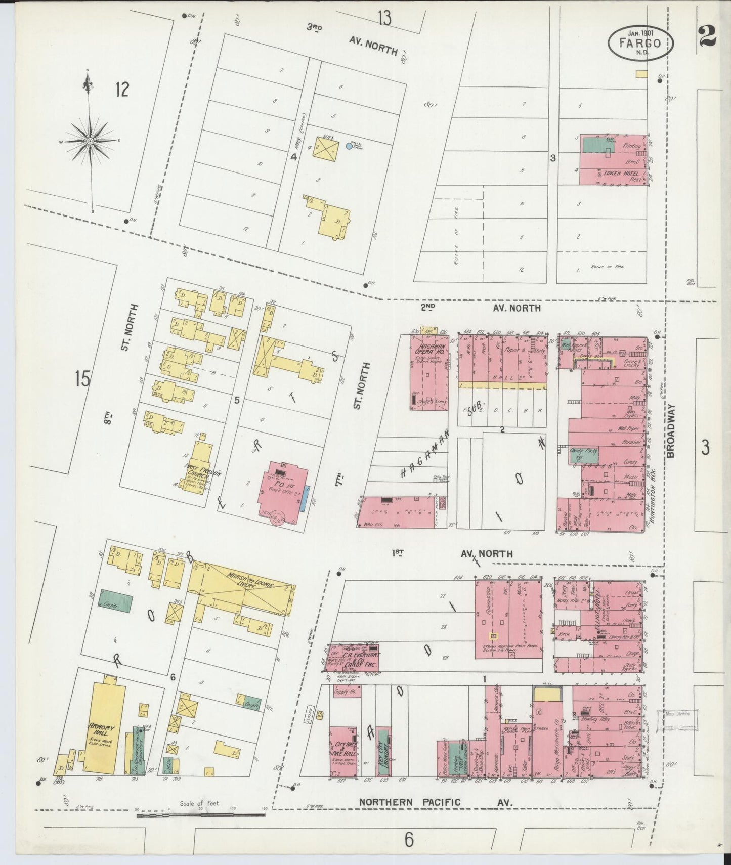 Sanborn Fire Insurance Map from Fargo, Cass County, North Dakota (1901), Sheet #0002 - Historic Sanborn Fire Insurance Map Print, vintage old map wall art, antique decor, genealogy gift, North Dakota North Dakota map