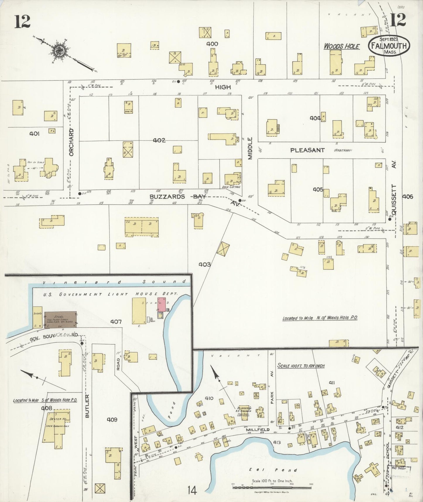 Sanborn Fire Insurance Map from Falmouth, Barnstable County, Massachusetts (1923), Sheet #0012 - Historic Sanborn Fire Insurance Map Print, vintage old map wall art, antique decor, genealogy gift, Massachusetts Massachusetts map