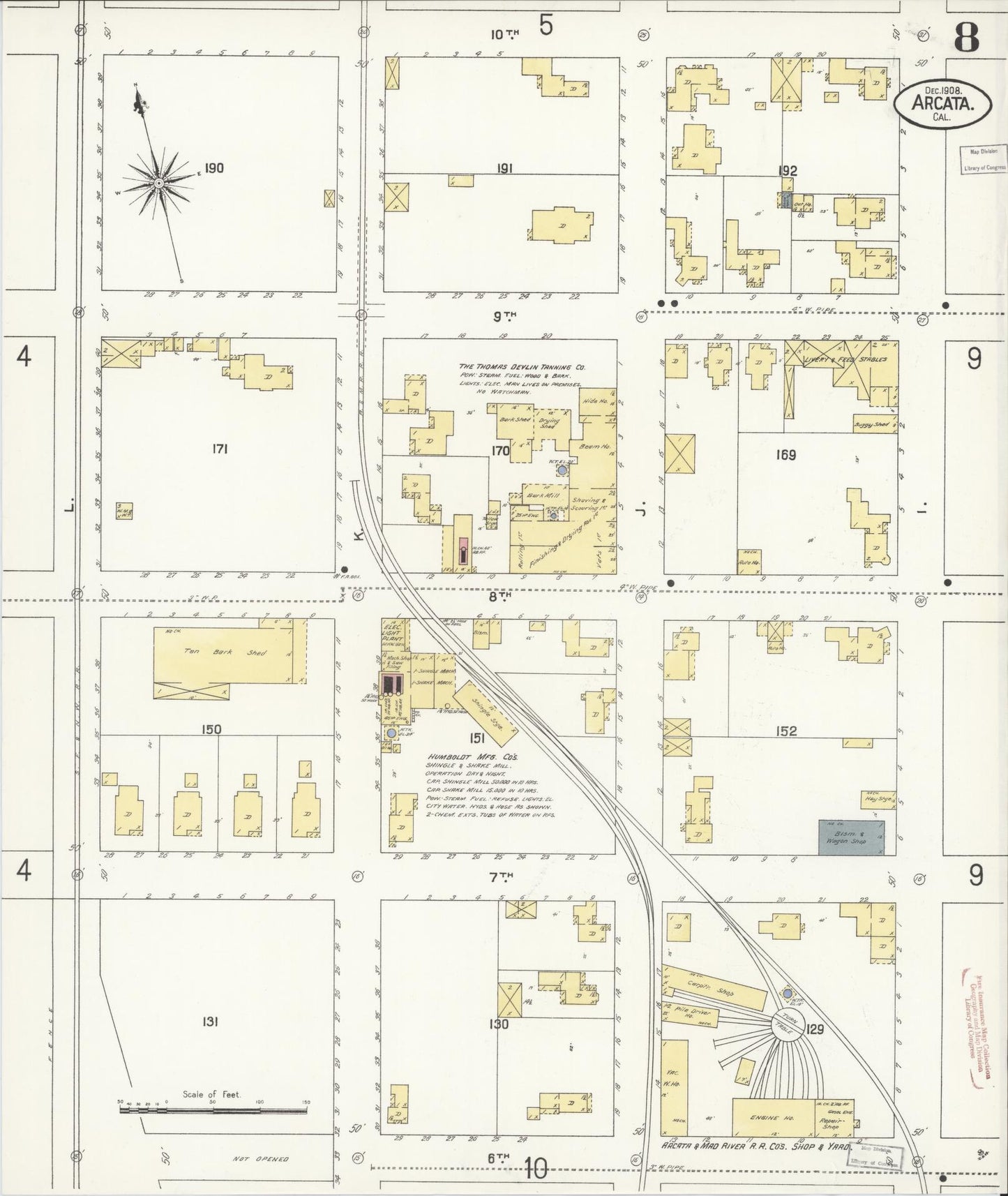 Sanborn Fire Insurance Map from Arcata, Humboldt County, California (1908), Sheet #0008 - Historic Sanborn Fire Insurance Map Print, vintage old map wall art, antique decor, genealogy gift, California California map