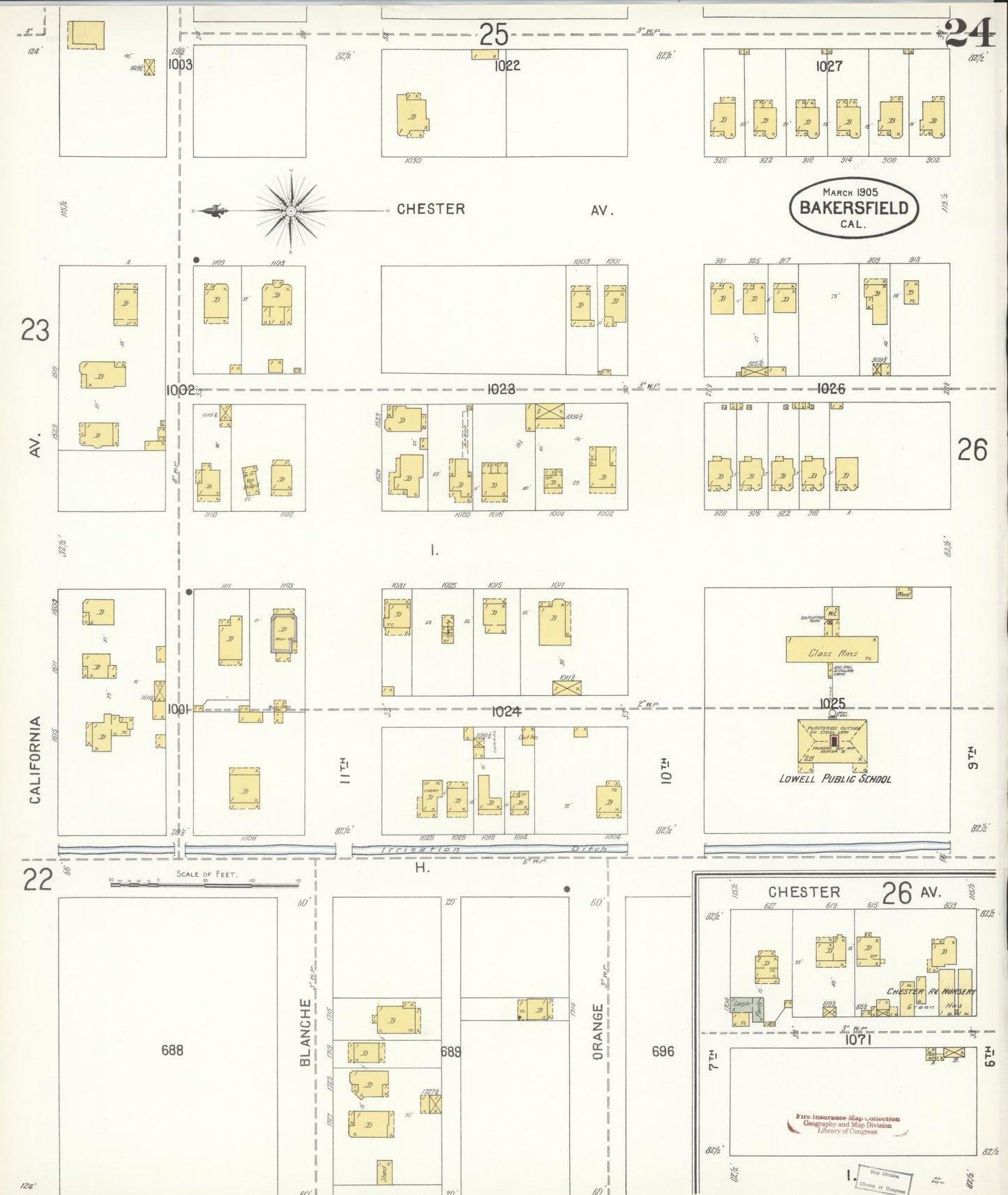 Sanborn Fire Insurance Map from Bakersfield, Kern County, California (1905), Sheet #0024 - Historic Sanborn Fire Insurance Map Print, vintage old map wall art, antique decor, genealogy gift, California California map