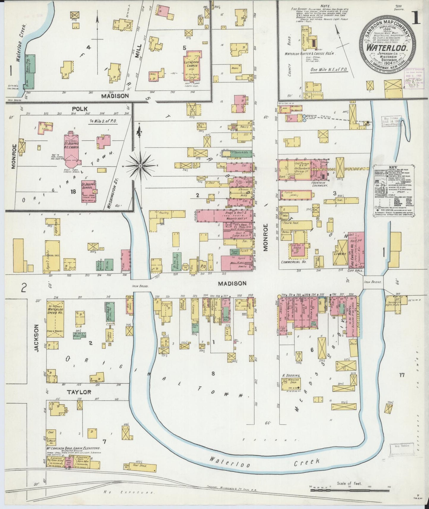Sanborn Fire Insurance Map from Waterloo, Jefferson County, Wisconsin (1904), Sheet #0001 - Historic Sanborn Fire Insurance Map Print, vintage old map wall art, antique decor, genealogy gift, Wisconsin Wisconsin map
