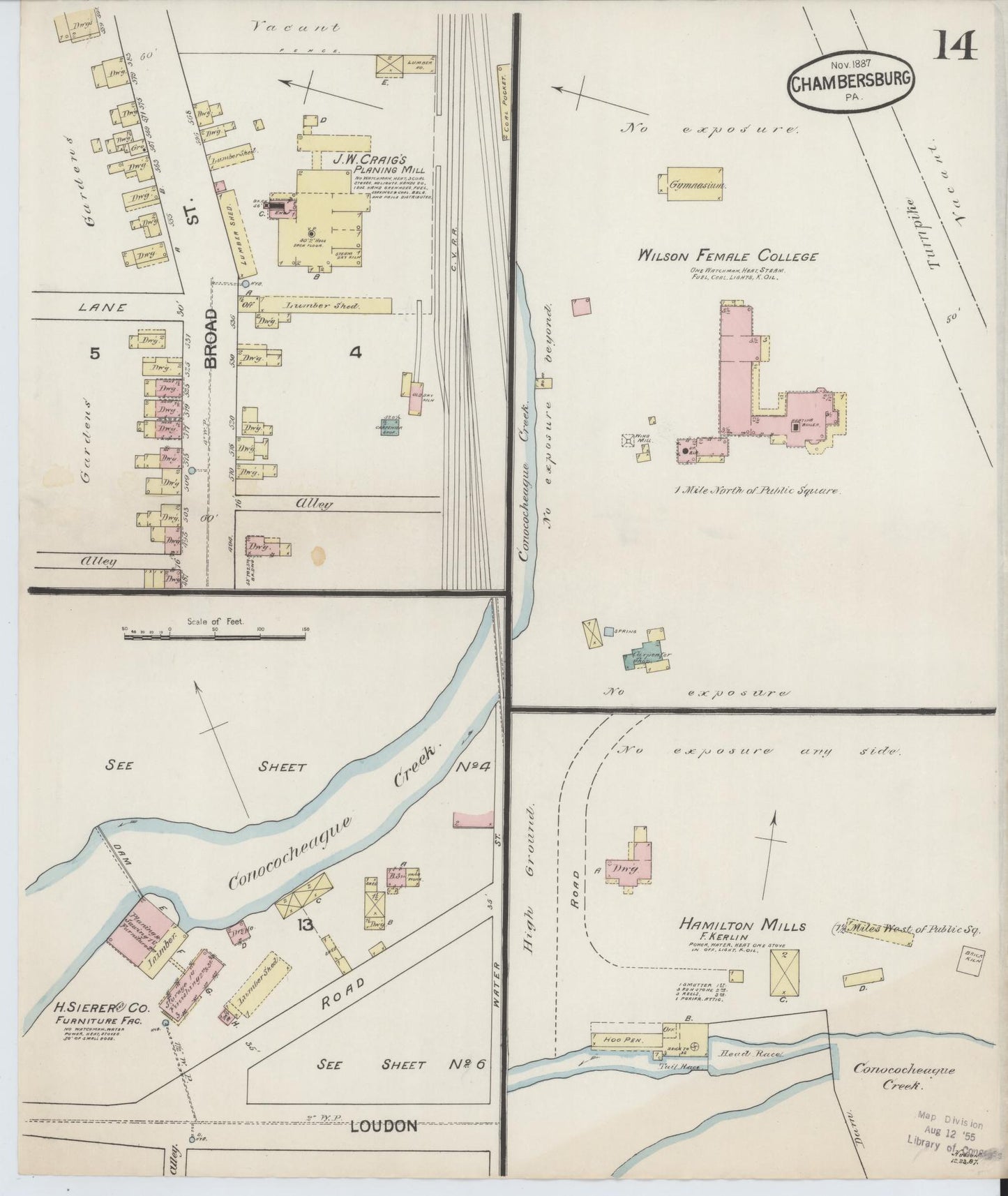 Sanborn Fire Insurance Map from Chambersburg, Franklin County, Pennsylvania (1887), Sheet #0014 - Historic Sanborn Fire Insurance Map Print, vintage old map wall art, antique decor, genealogy gift, Pennsylvania Pennsylvania map