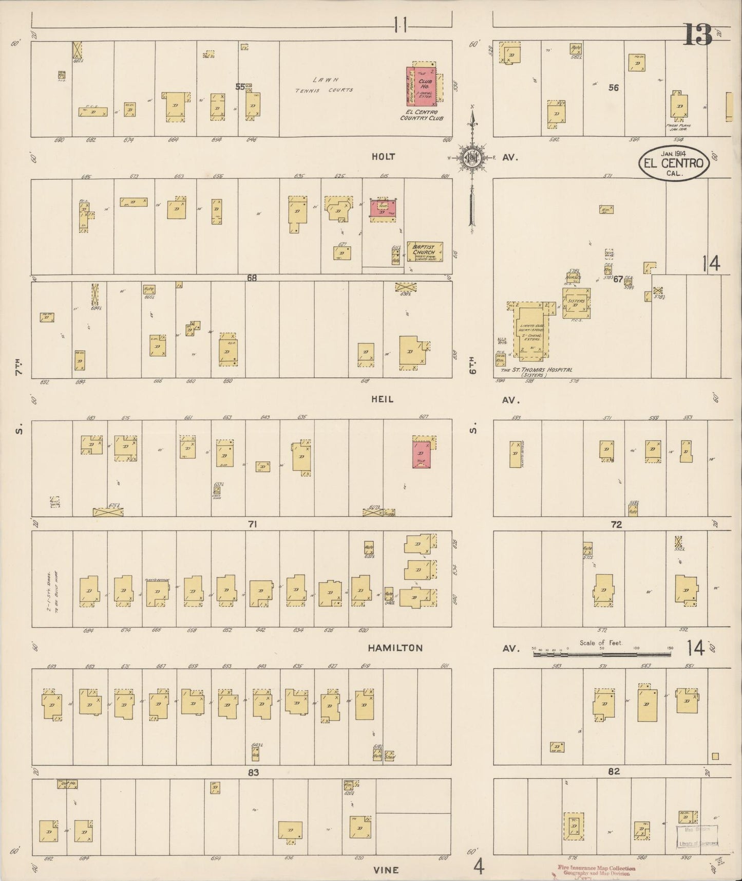 Sanborn Fire Insurance Map from El Centro, Imperial County, California (1914), Sheet #0013 - Historic Sanborn Fire Insurance Map Print, vintage old map wall art, antique decor, genealogy gift, California California map