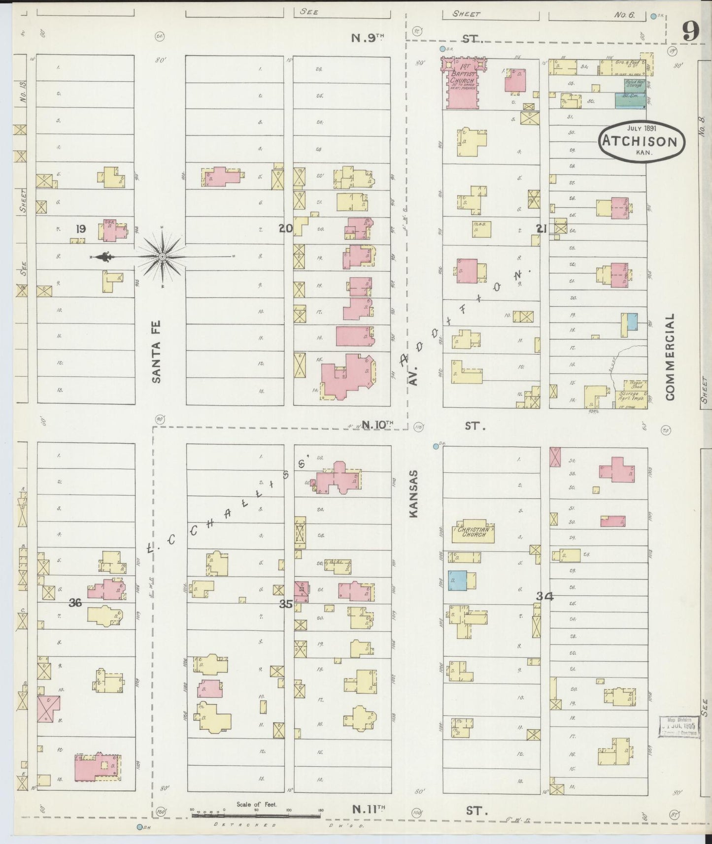 Sanborn Fire Insurance Map from Atchison, Atchison County, Kansas (1891), Sheet #0009 - Historic Sanborn Fire Insurance Map Print, vintage old map wall art, antique decor, genealogy gift, Kansas Kansas map