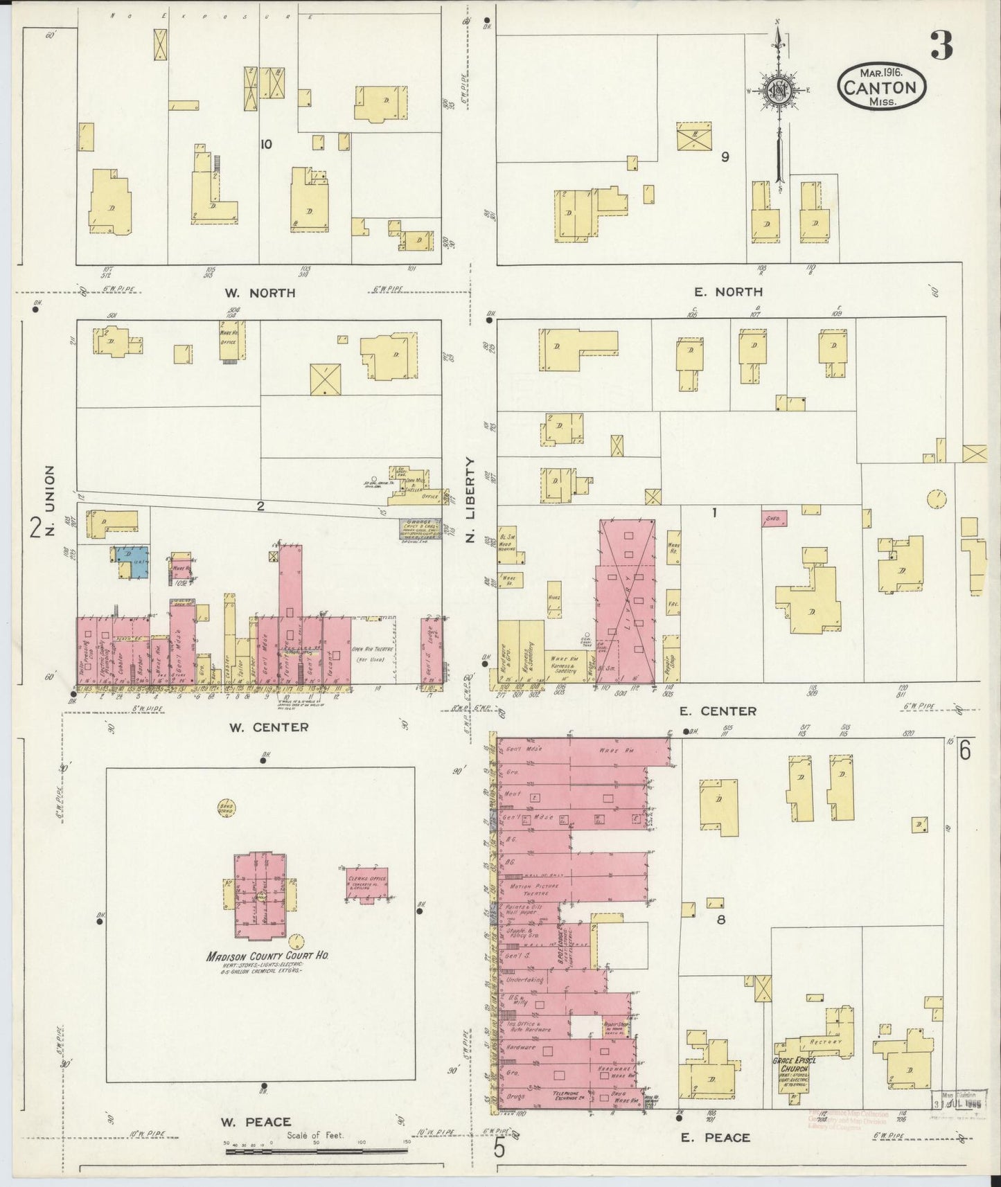 Sanborn Fire Insurance Map from Canton, Madison County, Mississippi (1916), Sheet #0003 - Historic Sanborn Fire Insurance Map Print, vintage old map wall art, antique decor, genealogy gift, Mississippi Mississippi map