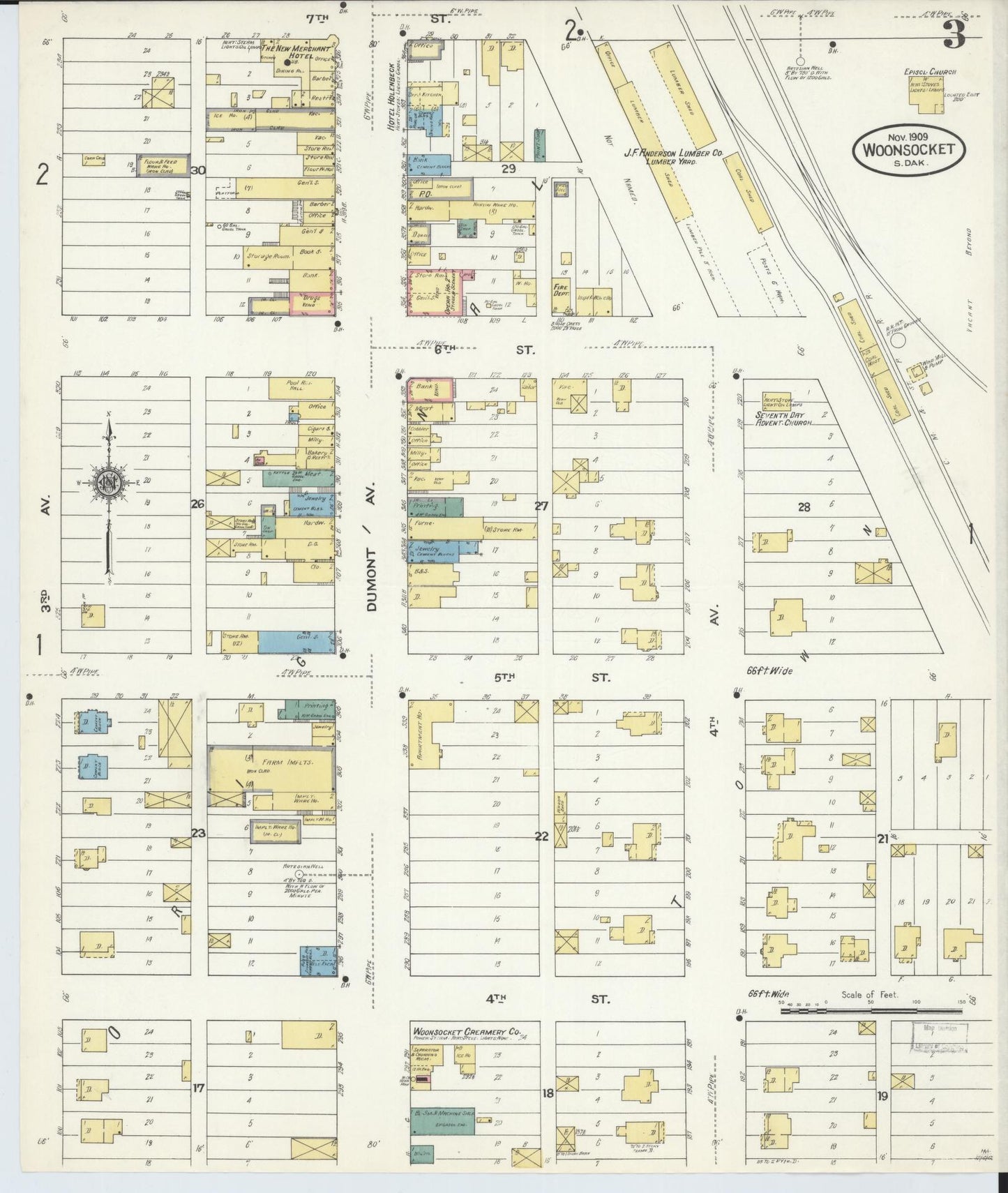 Sanborn Fire Insurance Map from Woonsocket, Sanborn County, South Dakota (1909), Sheet #0003 - Complete Map Set gallery image, historic Sanborn map, vintage wall art, South Dakota South Dakota