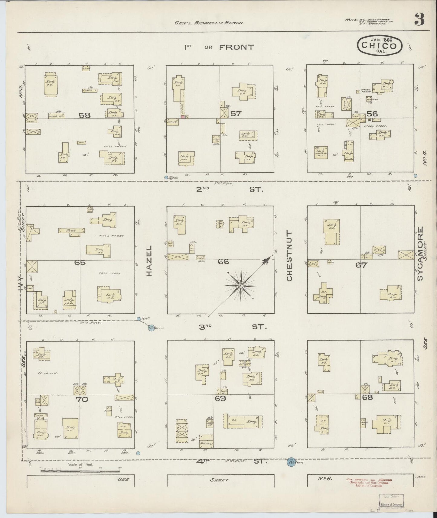 Sanborn Fire Insurance Map from Chico, Butte County, California (1886), Sheet #0003 - Historic Sanborn Fire Insurance Map Print, vintage old map wall art, antique decor, genealogy gift, California California map