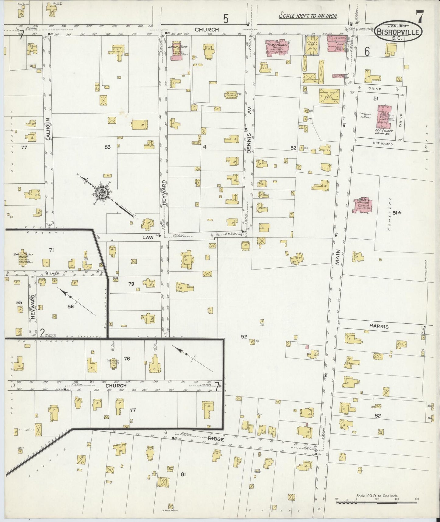 Sanborn Fire Insurance Map from Bishopville, Lee County, South Carolina (1916), Sheet #0007 - Historic Sanborn Fire Insurance Map Print, vintage old map wall art, antique decor, genealogy gift, South Carolina South Carolina map