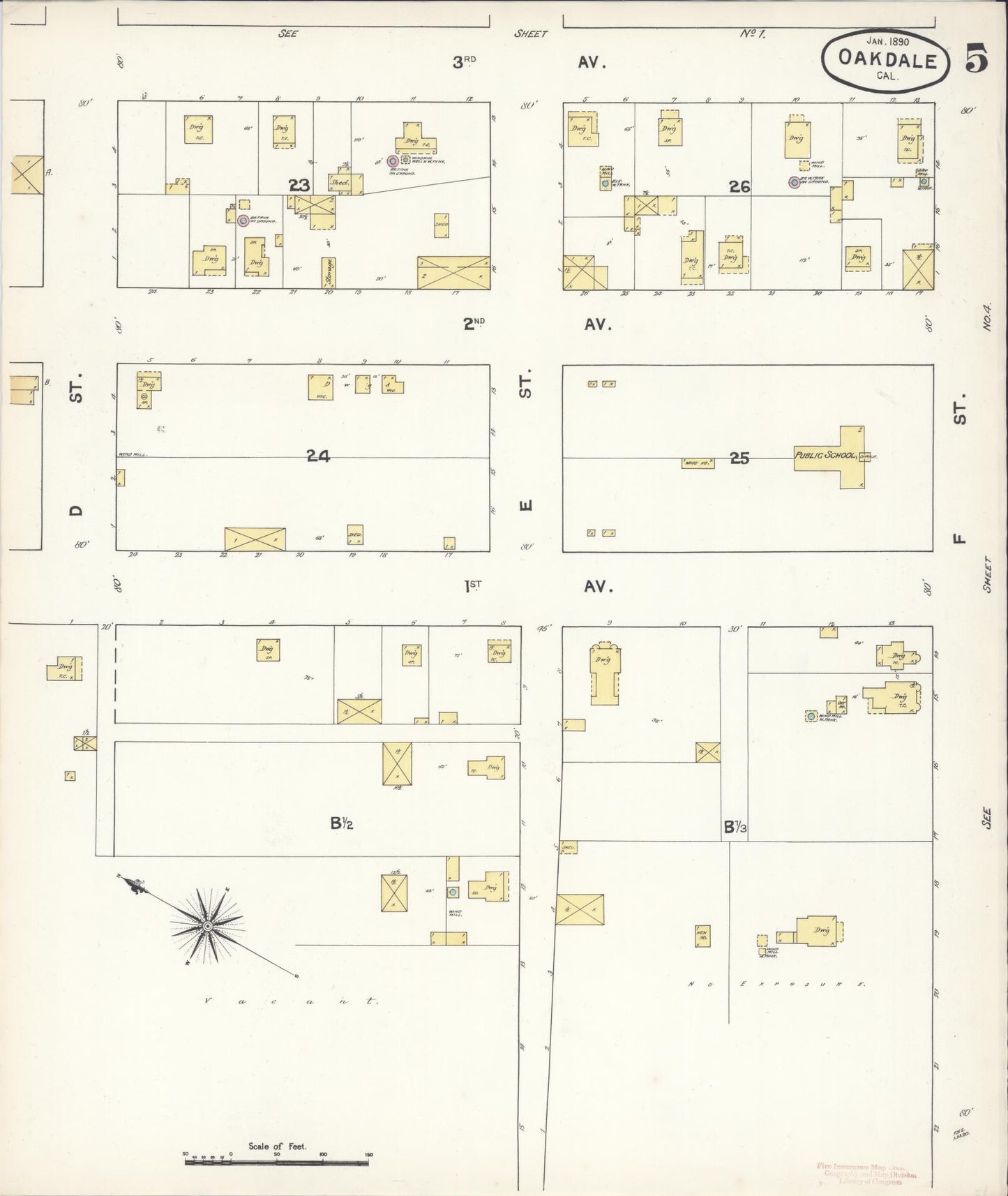 Sanborn Fire Insurance Map from Oakdale, Stanislaus County, California (1890), Sheet #0005 - Historic Sanborn Fire Insurance Map Print, vintage old map wall art, antique decor, genealogy gift, California California map