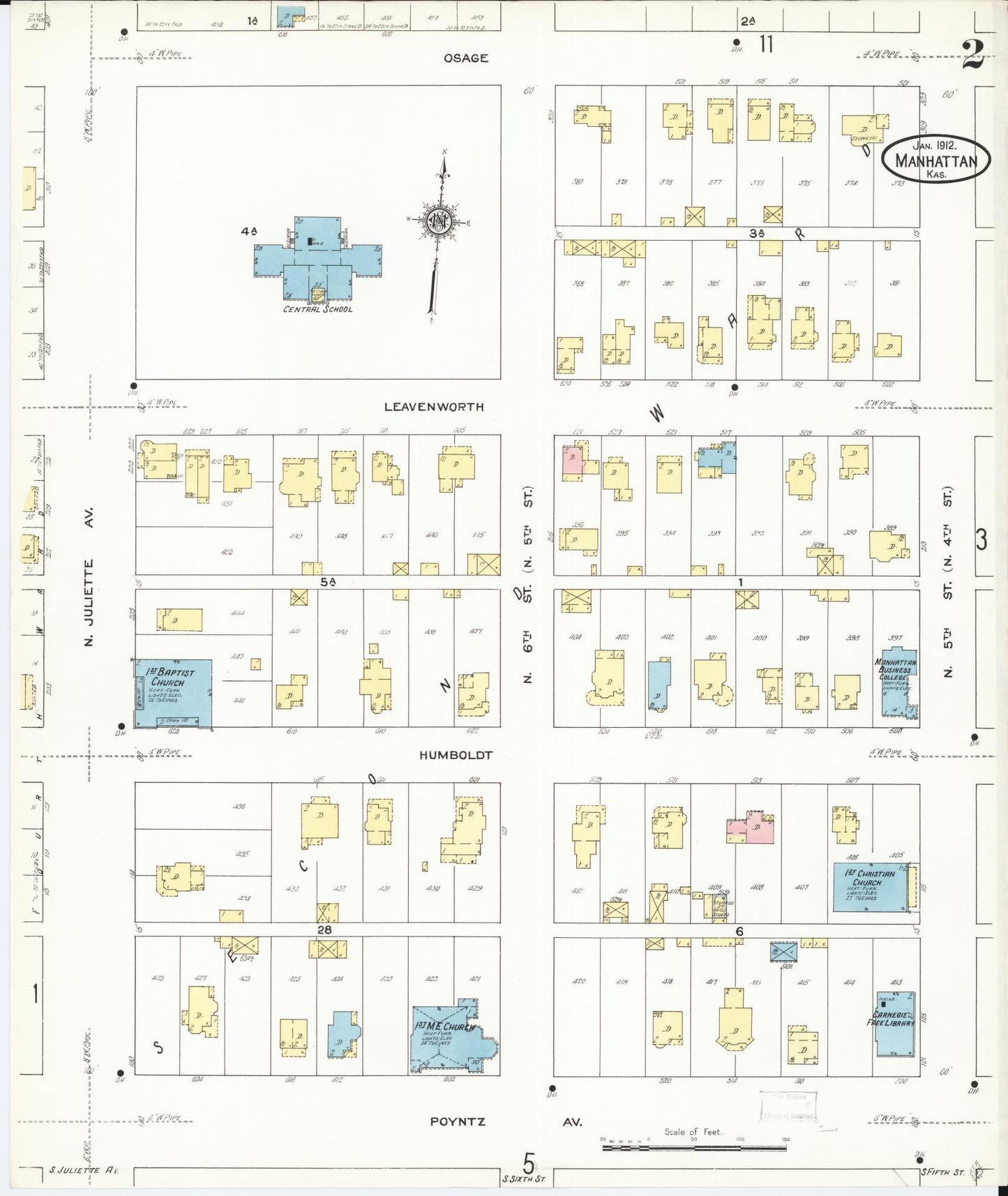 Sanborn Fire Insurance Map from Manhattan, Riley County, Kansas (1912), Sheet #0002 - Historic Sanborn Fire Insurance Map Print, vintage old map wall art, antique decor, genealogy gift, Kansas Kansas map