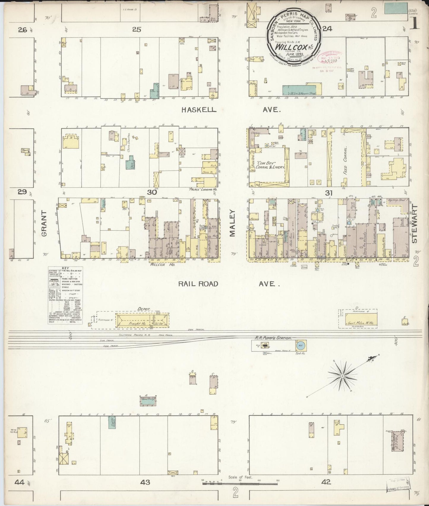 Sanborn Fire Insurance Map from Willcox, Cochise County, Arizona (1893), Sheet #0001 - Historic Sanborn Fire Insurance Map Print, vintage old map wall art, antique decor, genealogy gift, Arizona Arizona map