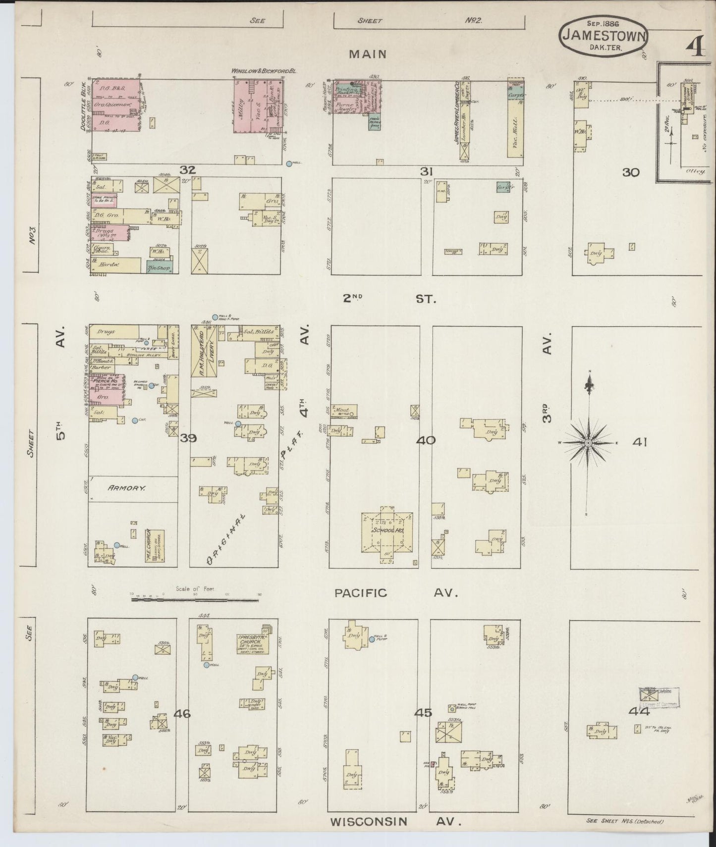 Sanborn Fire Insurance Map from Jamestown, Stutsman County, North Dakota (1886), Sheet #0004 - Historic Sanborn Fire Insurance Map Print, vintage old map wall art, antique decor, genealogy gift, North Dakota North Dakota map