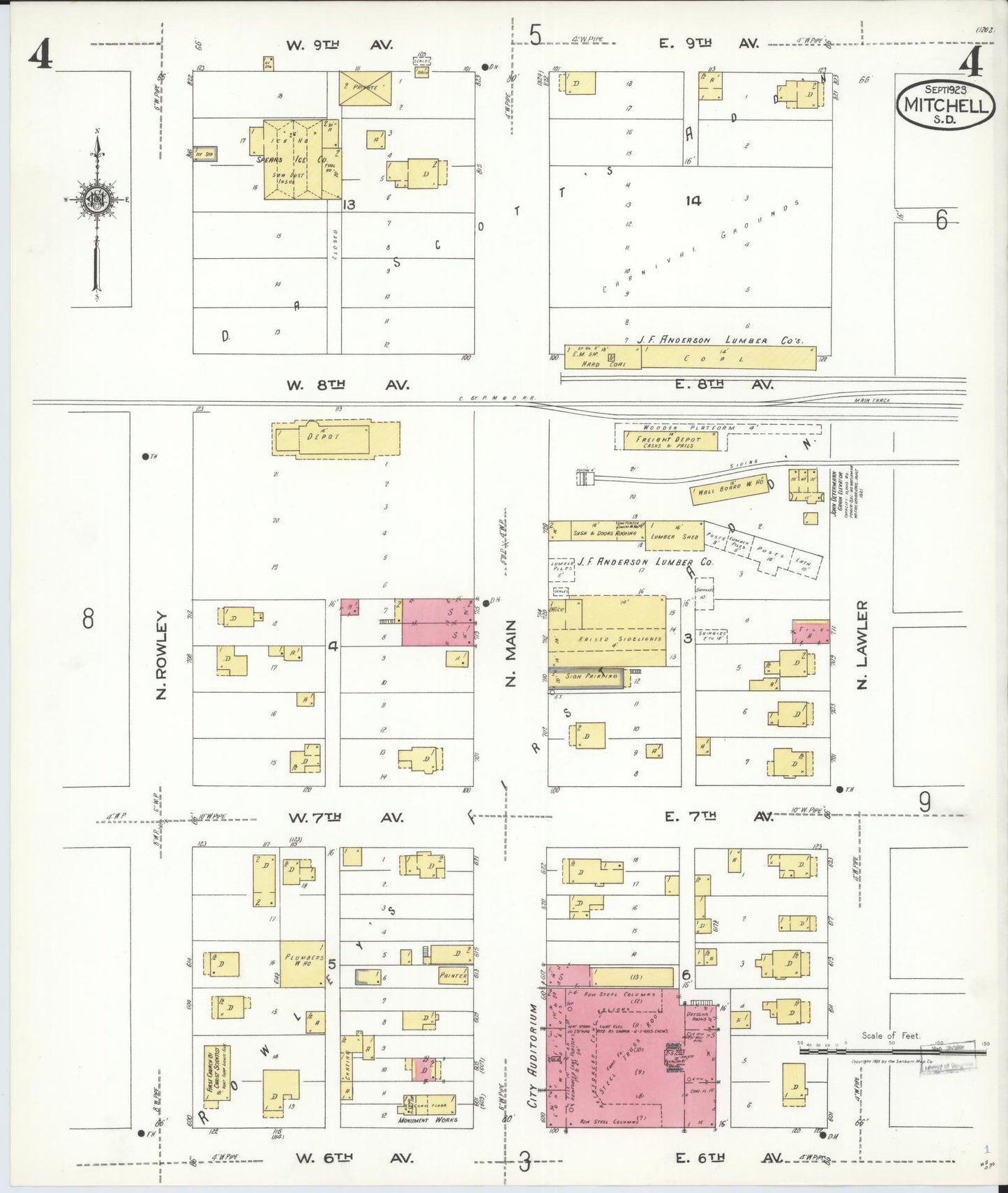Sanborn Fire Insurance Map from Mitchell, Davison County, South Dakota (1923), Sheet #0004 - Historic Sanborn Fire Insurance Map Print, vintage old map wall art, antique decor, genealogy gift, South Dakota South Dakota map