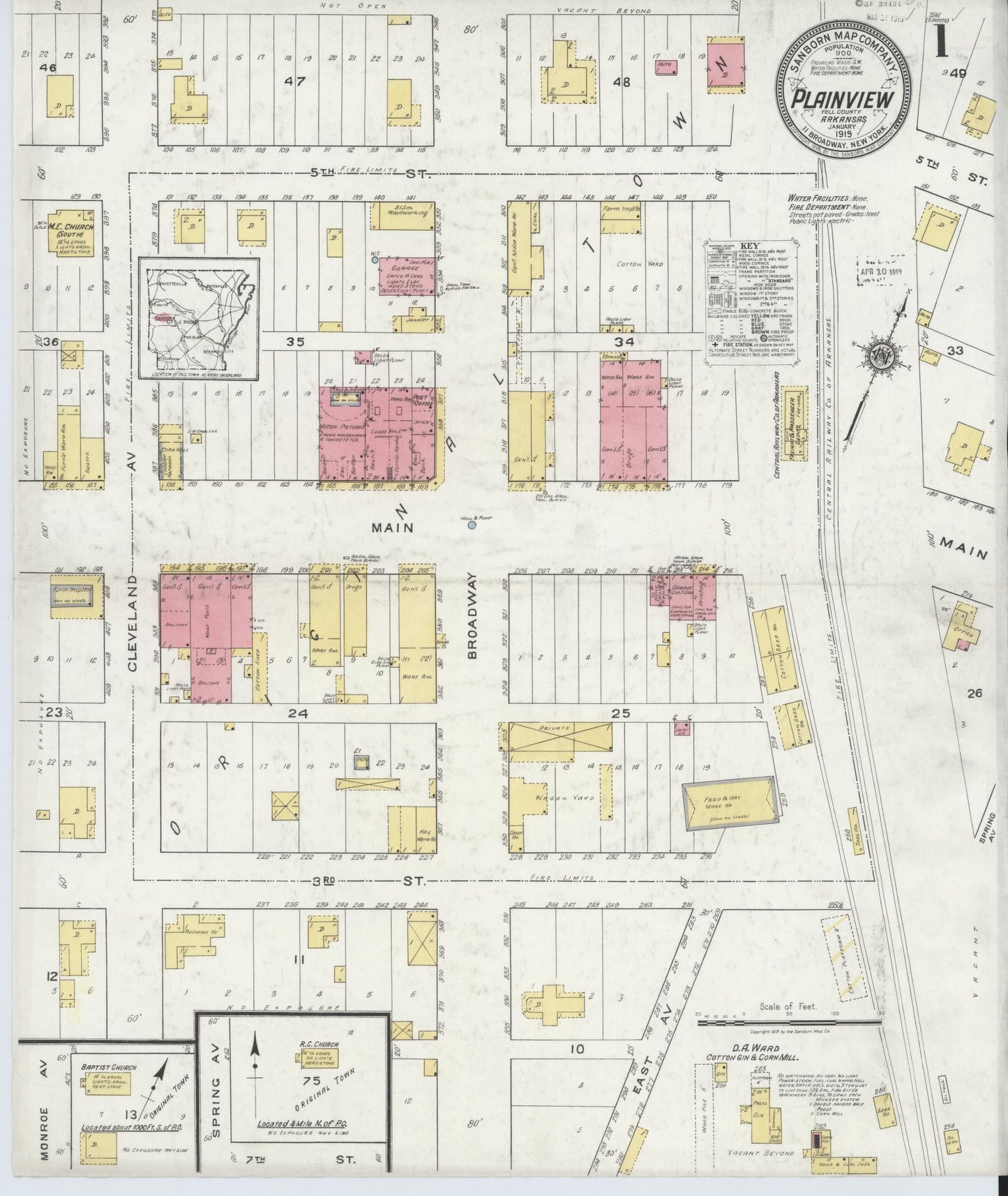 Sanborn Fire Insurance Map from Plainview, Yell County, Arkansas (1919), Sheet #0001 - Historic Sanborn Fire Insurance Map Print, vintage old map wall art, antique decor, genealogy gift, Arkansas Arkansas map