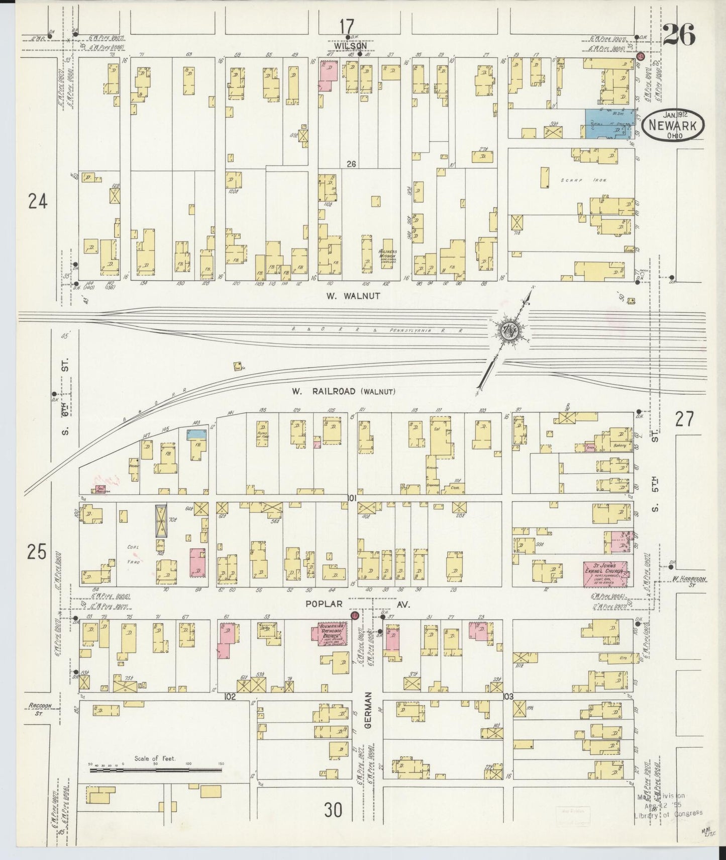 Sanborn Fire Insurance Map from Newark, Licking County, Ohio (1912), Sheet #0026 - Historic Sanborn Fire Insurance Map Print, vintage old map wall art, antique decor, genealogy gift, Ohio Ohio map