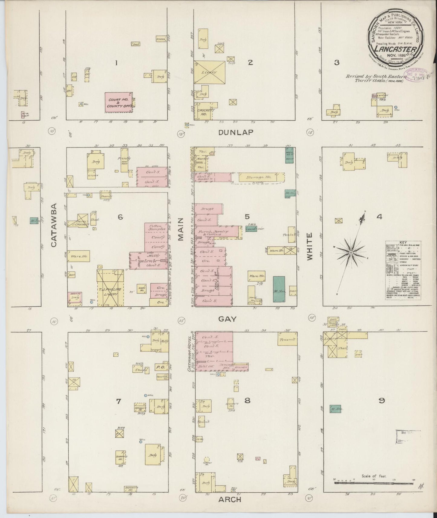 Sanborn Fire Insurance Map from Lancaster, Lancaster County, South Carolina (1886), Sheet #0001 - Historic Sanborn Fire Insurance Map Print, vintage old map wall art, antique decor, genealogy gift, South Carolina South Carolina map