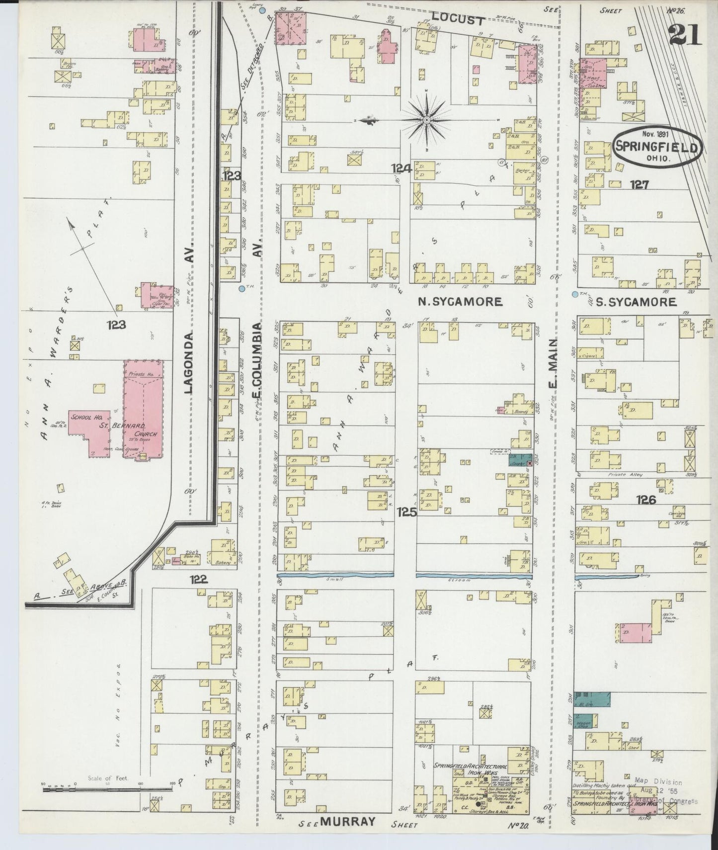Sanborn Fire Insurance Map from Springfield, Clark County, Ohio (1891), Sheet #0021 - Historic Sanborn Fire Insurance Map Print, vintage old map wall art, antique decor, genealogy gift, Ohio Ohio map
