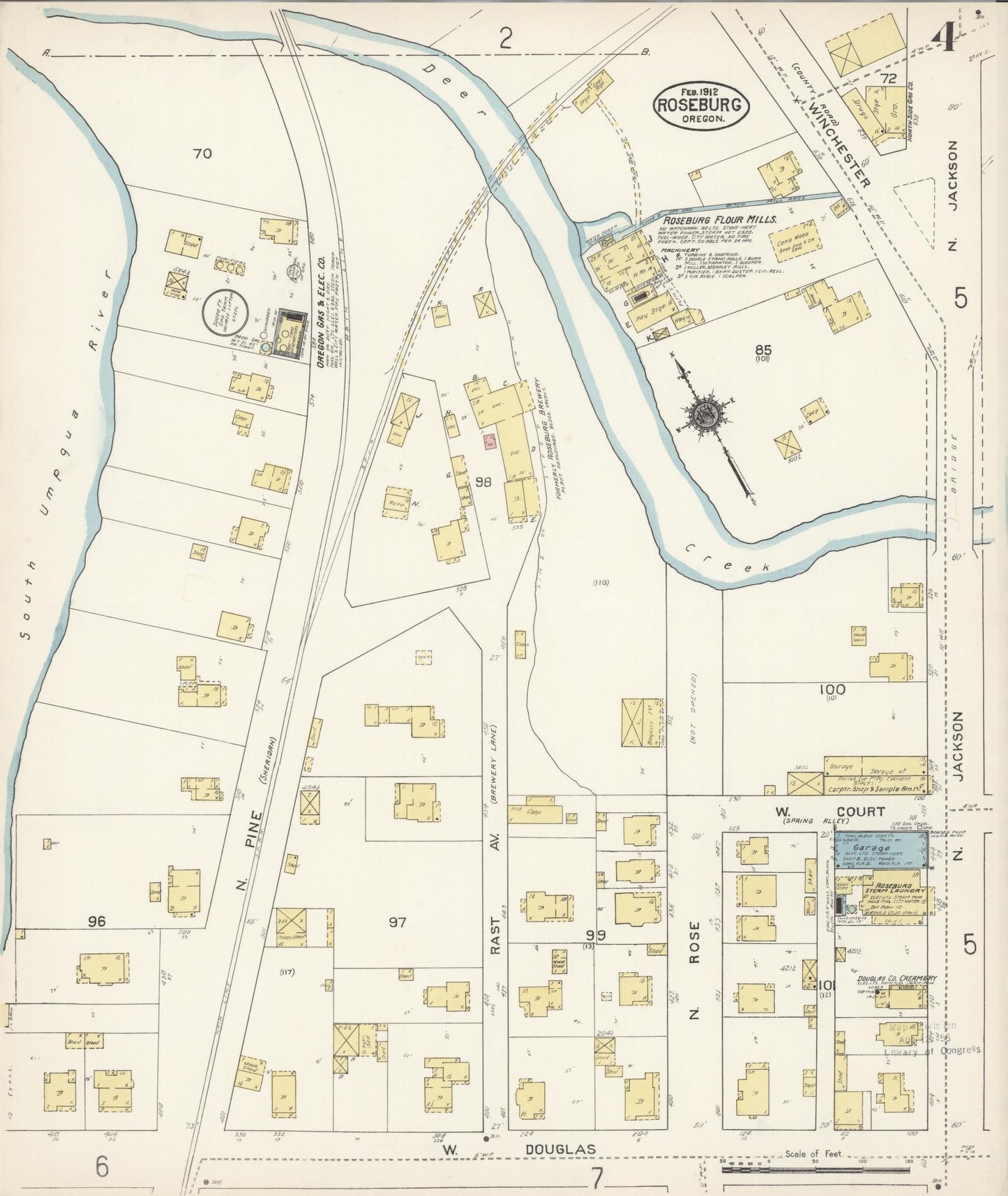 Sanborn Fire Insurance Map from Roseburg, Douglas County, Oregon (1912), Sheet #0004 - Historic Sanborn Fire Insurance Map Print, vintage old map wall art, antique decor, genealogy gift, Oregon Oregon map