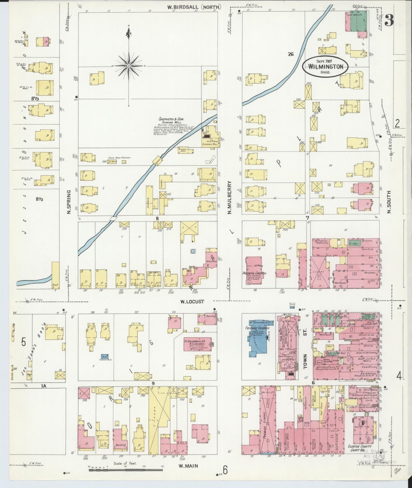 Sanborn Fire Insurance Map from Wilmington, Clinton County, Ohio (1907), Sheet #0003 - Historic Sanborn Fire Insurance Map Print, vintage old map wall art, antique decor, genealogy gift, Ohio Ohio map