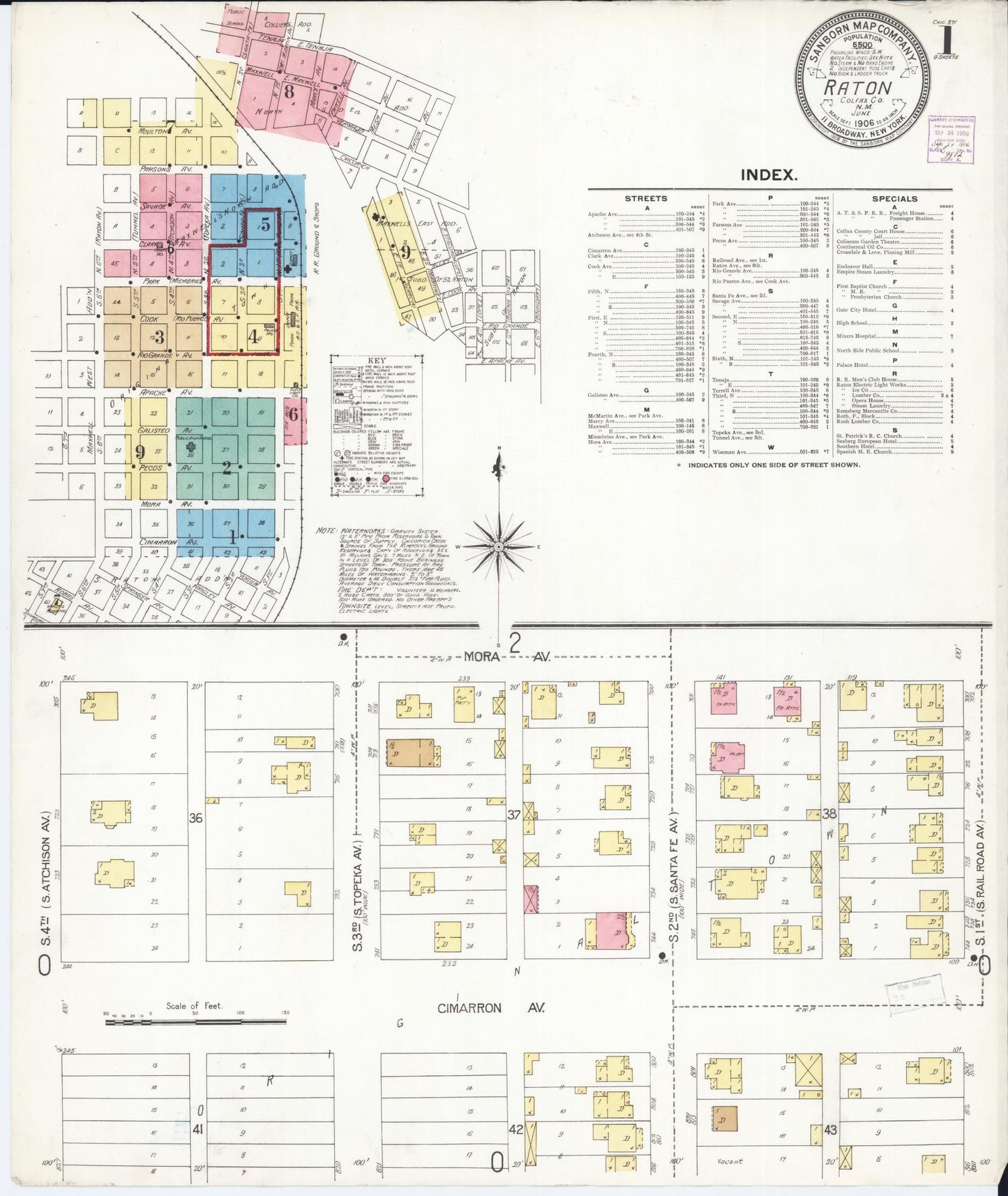 Sanborn Fire Insurance Map from Raton, Colfax County, New Mexico (1906), Sheet #0001 - Historic Sanborn Fire Insurance Map Print, vintage old map wall art, antique decor, genealogy gift, New Mexico New Mexico map