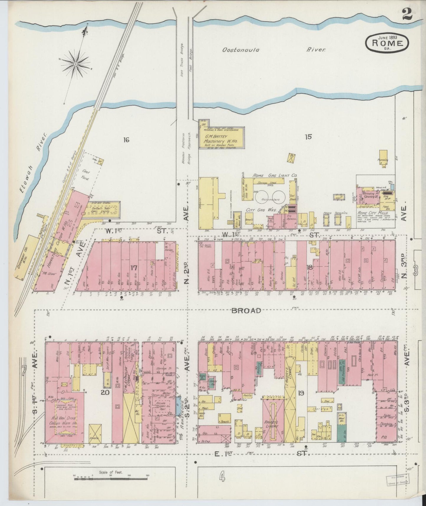 Sanborn Fire Insurance Map from Rome, Floyd County, Georgia (1893), Sheet #0002 - Historic Sanborn Fire Insurance Map Print, vintage old map wall art, antique decor, genealogy gift, Georgia Georgia map