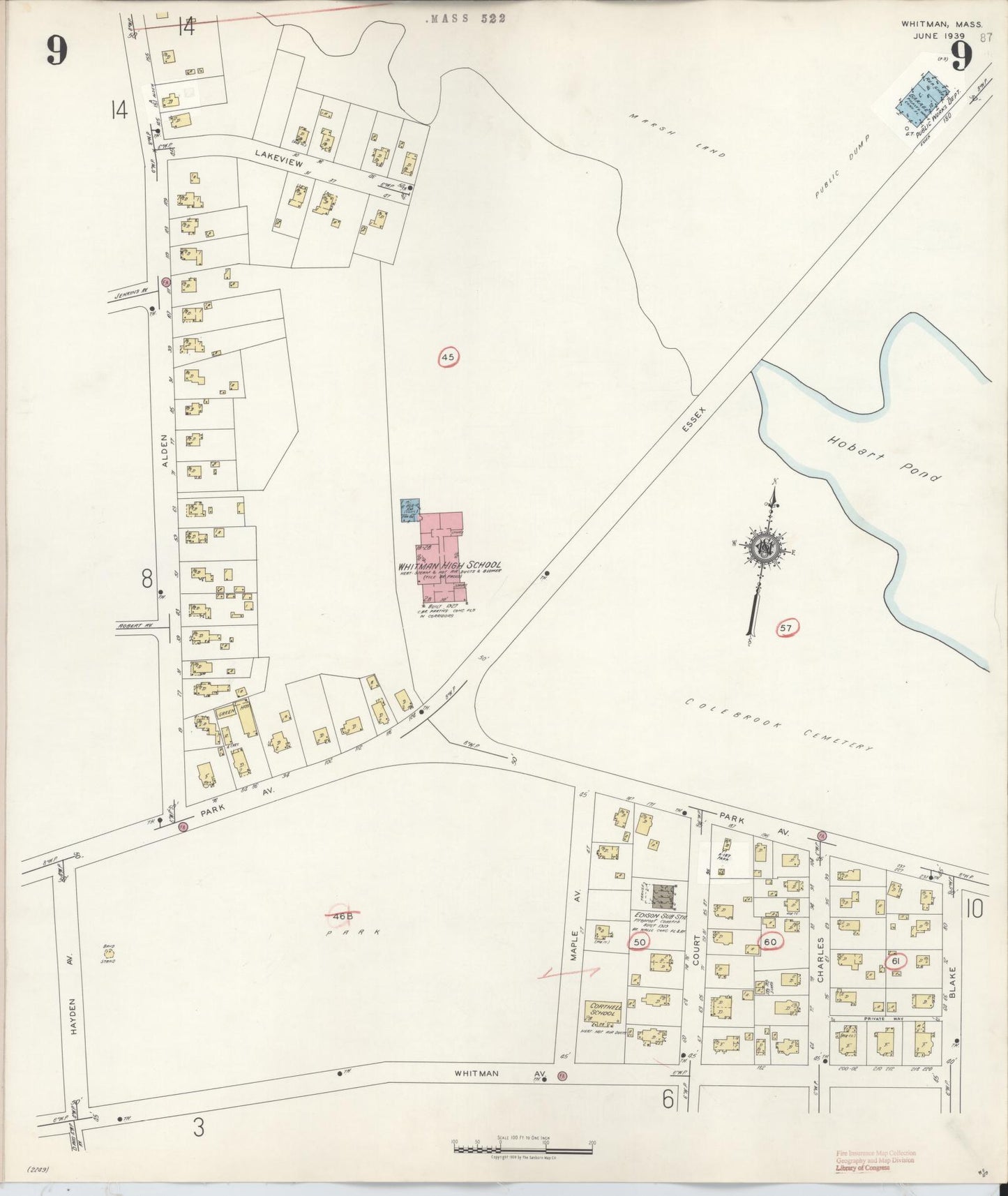 Sanborn Fire Insurance Map from Whitman, Plymouth County, Massachusetts (1950), Sheet #0009 - Historic Sanborn Fire Insurance Map Print, vintage old map wall art, antique decor, genealogy gift, Massachusetts Massachusetts map