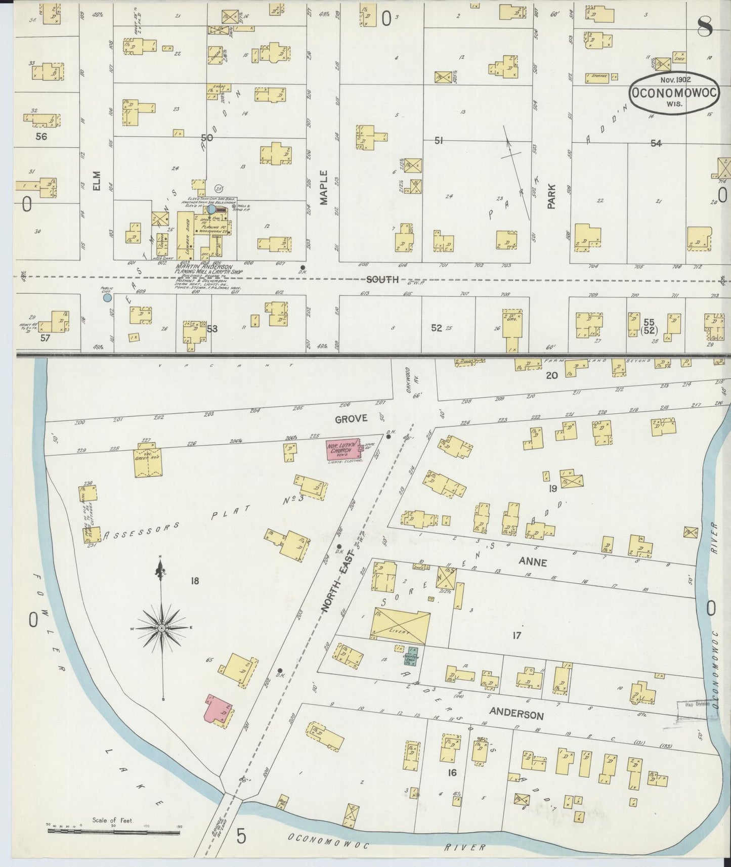 Sanborn Fire Insurance Map from Oconomowoc, Waukesha County, Wisconsin (1902), Sheet #0008 - Complete Map Set gallery image, historic Sanborn map, vintage wall art, Wisconsin Wisconsin