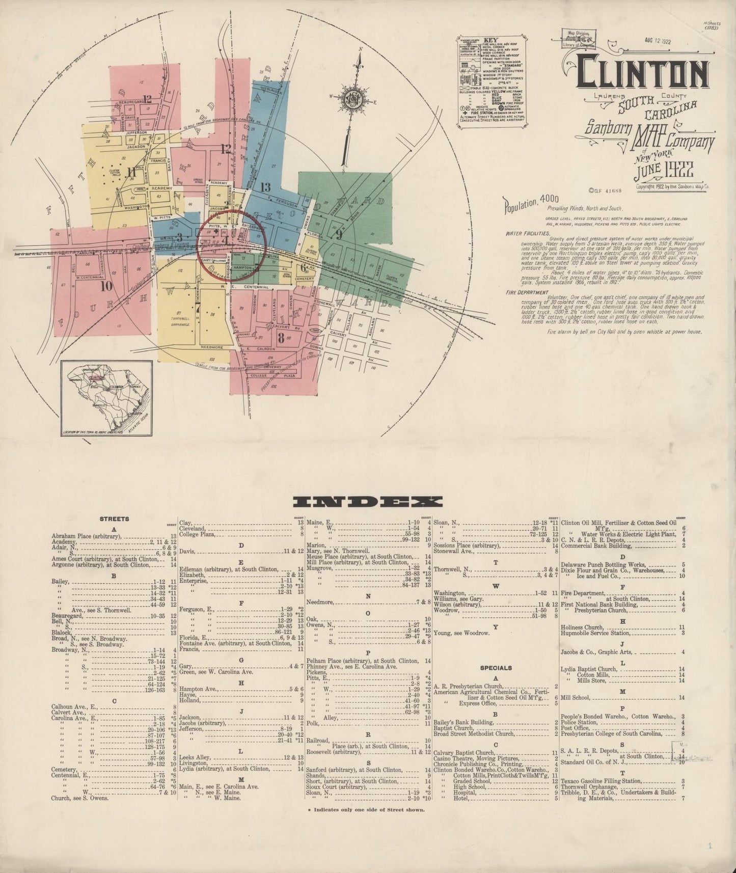 Sanborn Fire Insurance Map from Clinton, Laurens County, South Carolina (1922), Sheet #0001 - Historic Sanborn Fire Insurance Map Print, vintage old map wall art, antique decor, genealogy gift, South Carolina South Carolina map