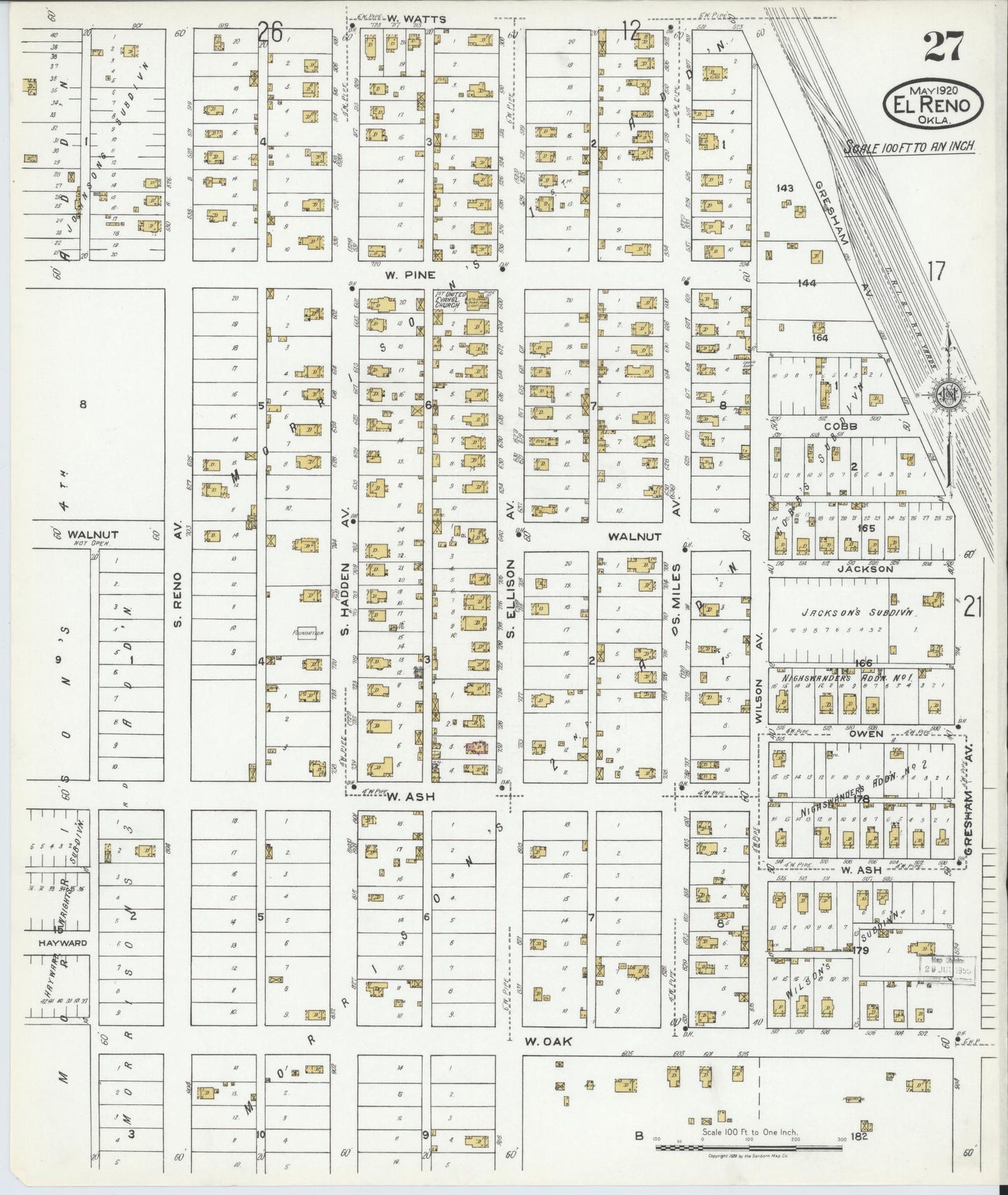 Sanborn Fire Insurance Map from El Reno, Canadian County, Oklahoma (1920), Sheet #0027 - Historic Sanborn Fire Insurance Map Print, vintage old map wall art, antique decor, genealogy gift, Oklahoma Oklahoma map