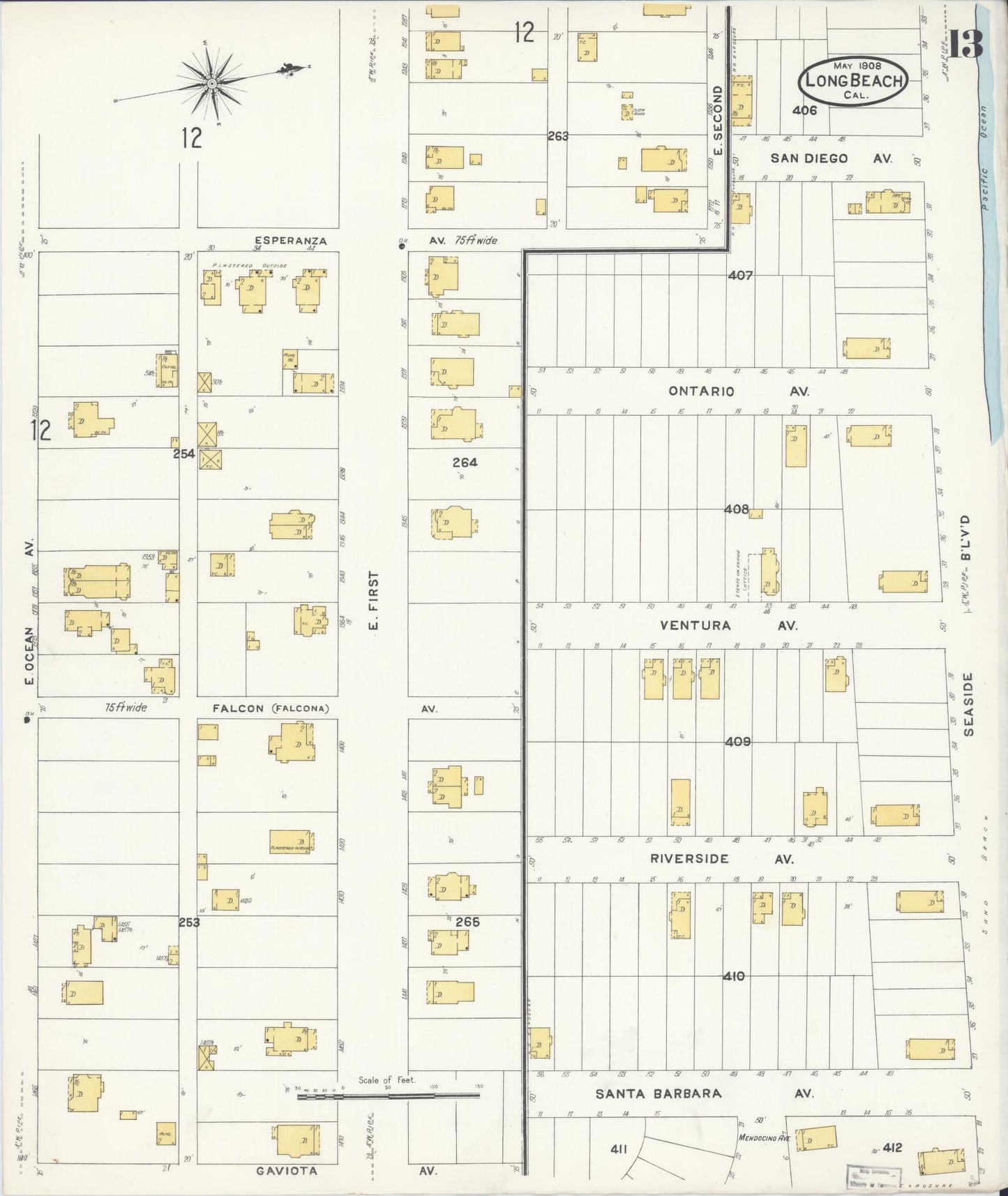 Sanborn Fire Insurance Map from Long Beach, Los Angeles County, California (1908), Sheet #0013 - Historic Sanborn Fire Insurance Map Print, vintage old map wall art, antique decor, genealogy gift, California California map